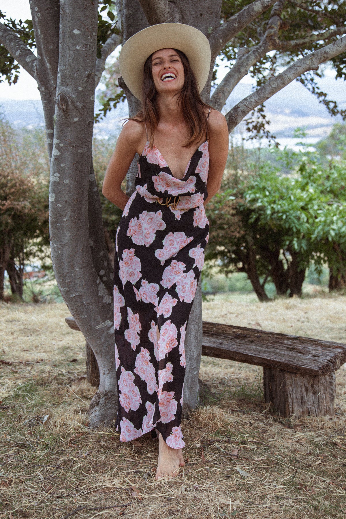 VINTAGE Bias Cut Black Y2K Slip Dress With Pink Roses And Split S/M/L