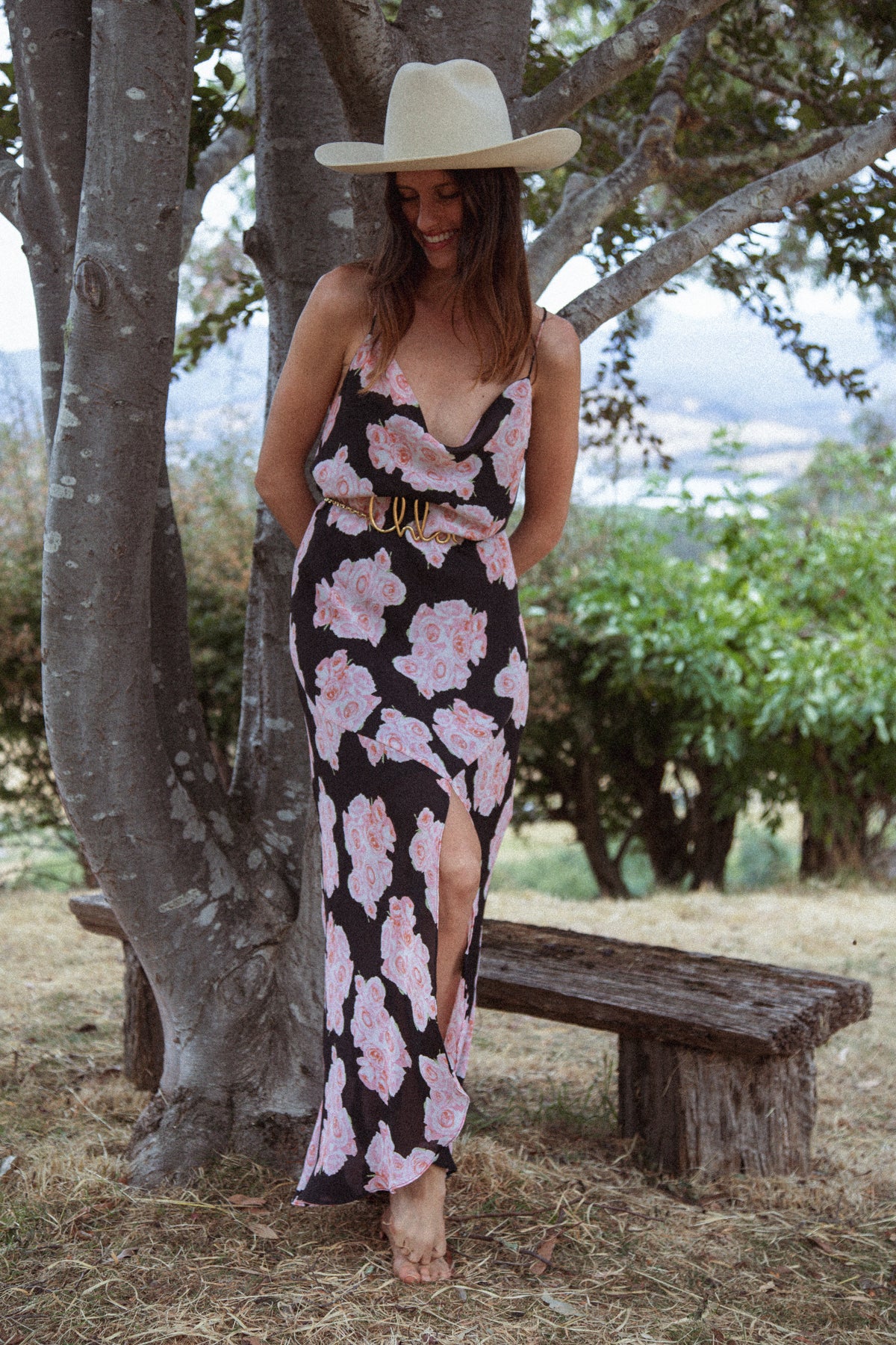 VINTAGE Bias Cut Black Y2K Slip Dress With Pink Roses And Split S/M/L