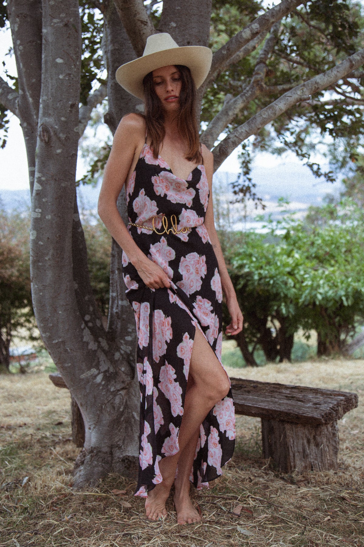 VINTAGE Bias Cut Black Y2K Slip Dress With Pink Roses And Split S/M/L