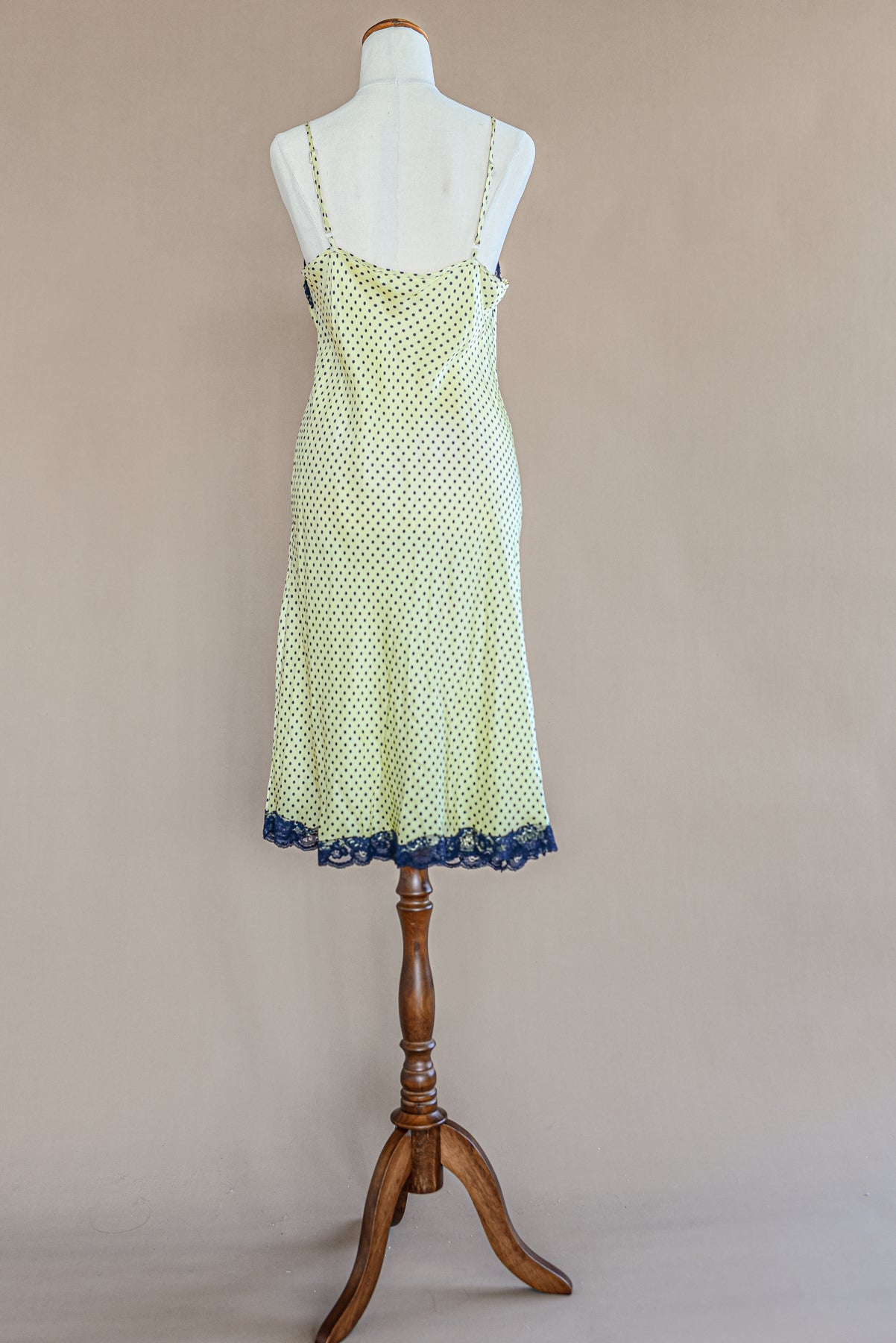 VINTAGE 100% Silk Yellow and Navy Polka Dot Mini Slip Dress M