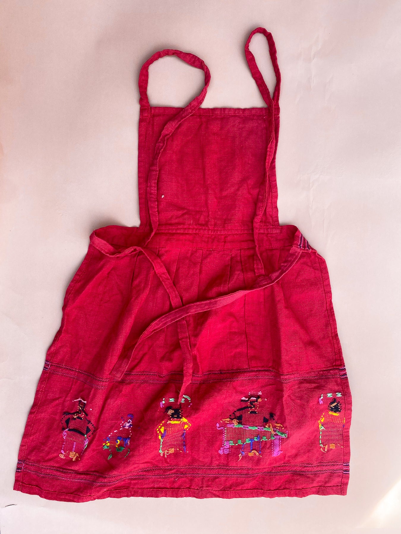VINTAGE Kids Red Embroidered Guatamalan Apron 6 +