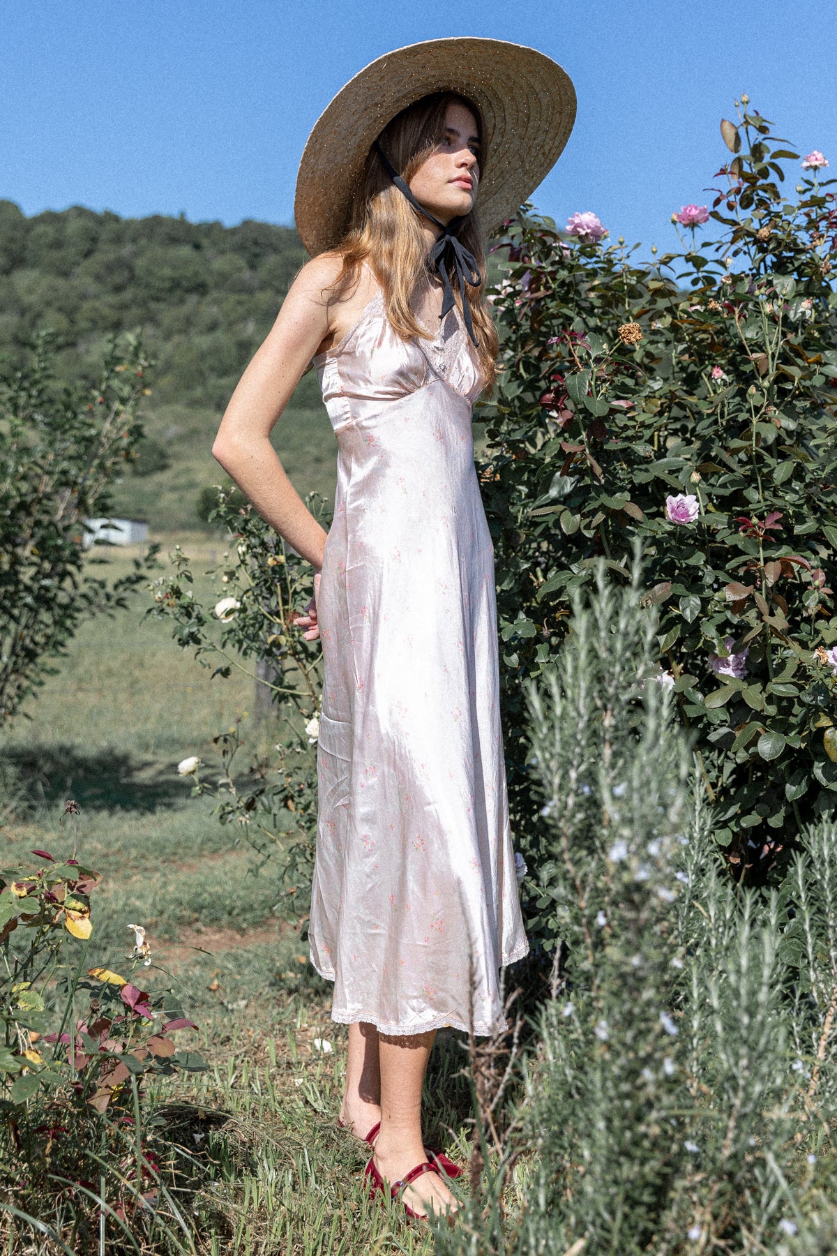 VINTAGE 1930's Pink Floral Midi Nightgown Slip Dress XXS/XS
