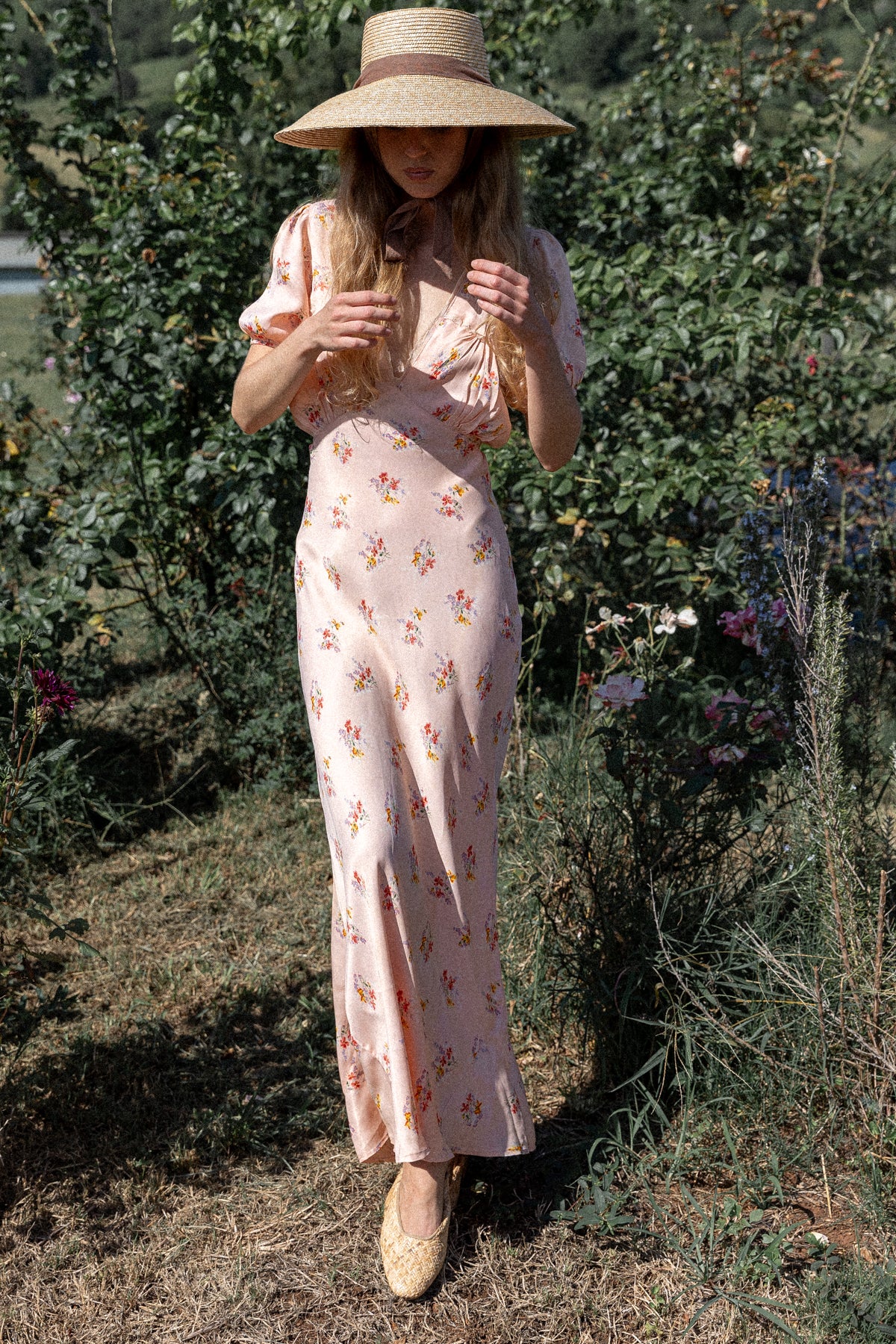 VINTAGE 1930's Pink Floral Cap Sleeve Nightgown Slip Dress S/M
