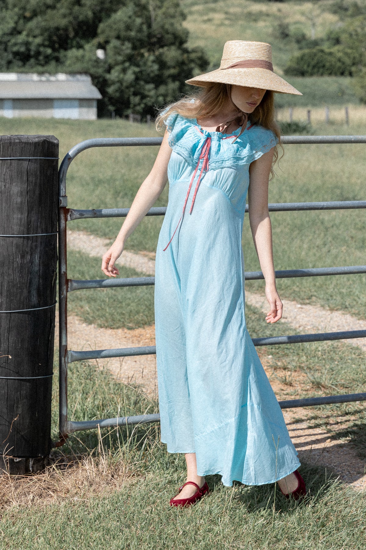VINTAGE 1930's Blue Cotton Bias Cut Nightgown Slip Dress S/M