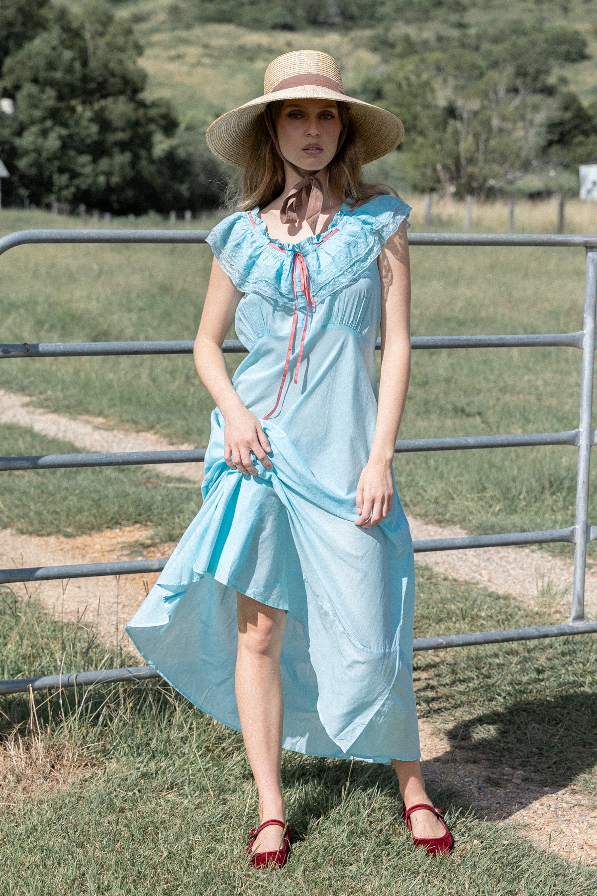 VINTAGE 1930's Blue Cotton Bias Cut Nightgown Slip Dress S/M