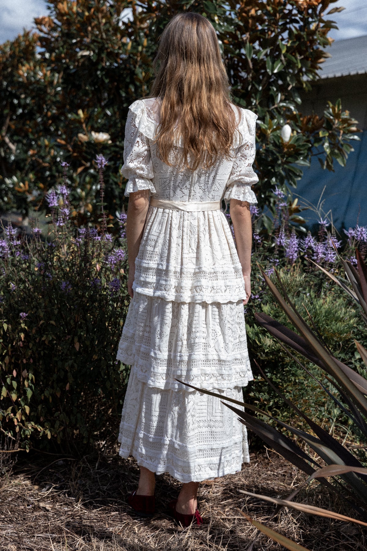 VINTAGE 1970's High Neck Tiered Lace Dress S