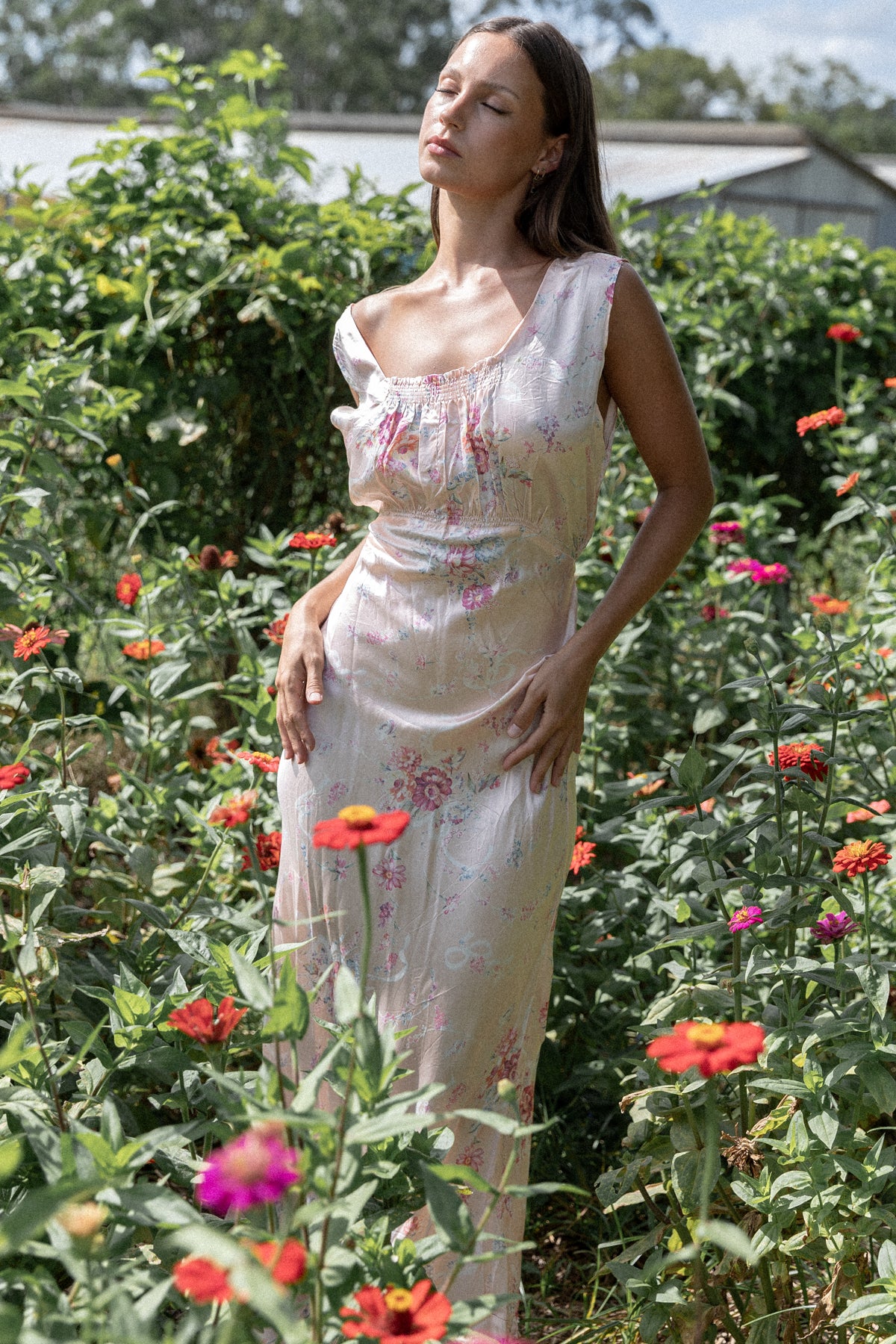 VINTAGE 1930's Pink Floral Bias Cut Maxi Nightgown Slip Dress S/M