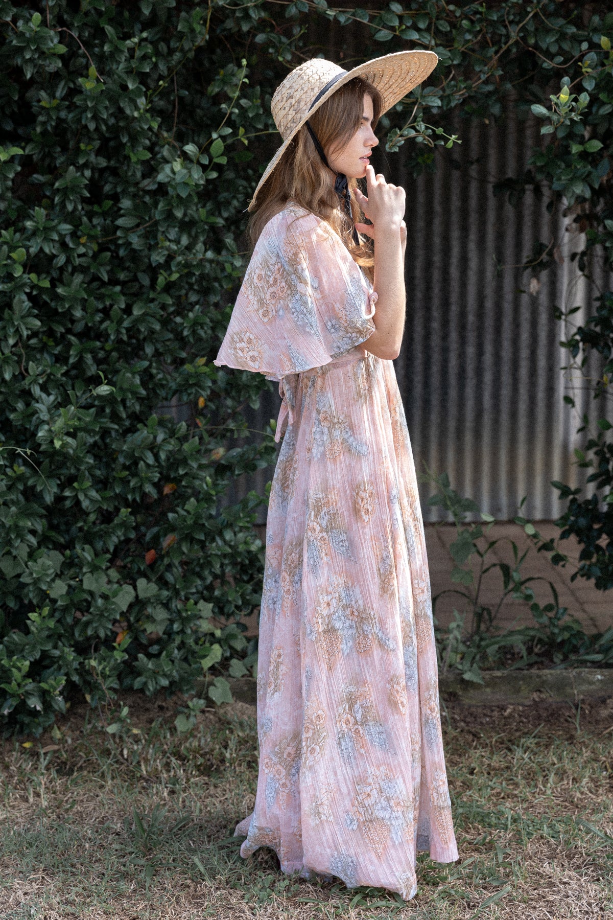 VINTAGE 1970's Pink Floral Flutter Sleeve Cotton Prairie Dress S