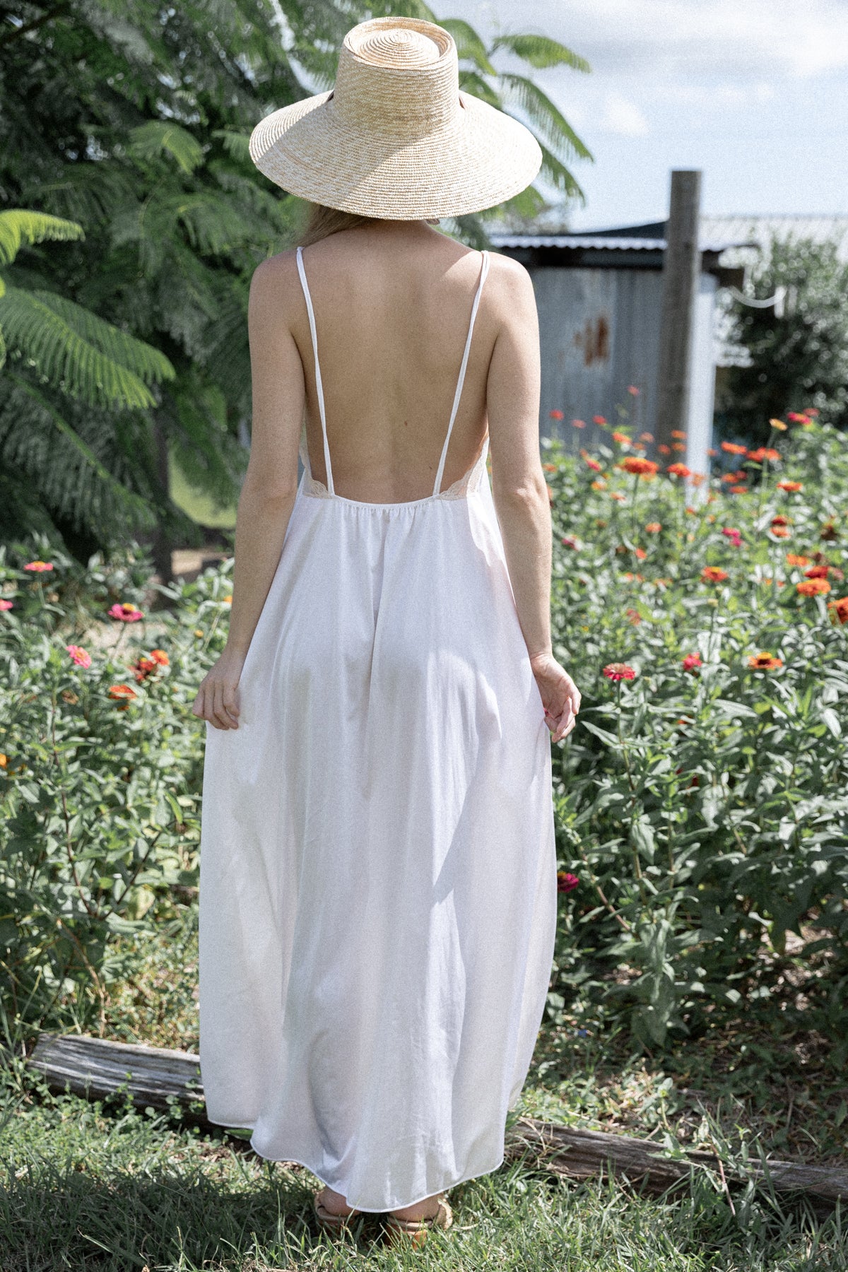 VINTAGE Lace Trimmed Cut Out Ivory Low Back Maxi Slip Dress S/M