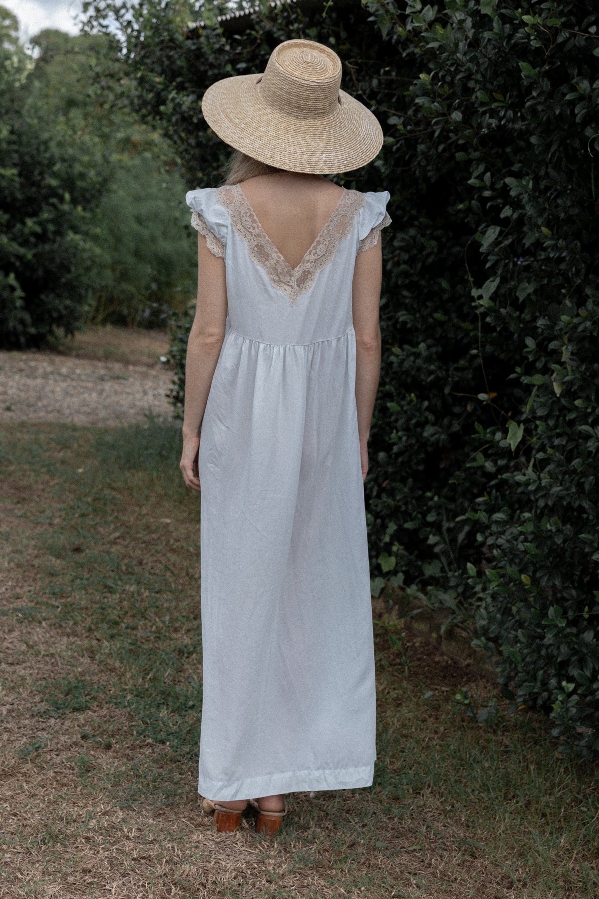 VINTAGE 1940'S Ecru Lace Trimmed Powder Blue Nightgown Slip Dress M/L