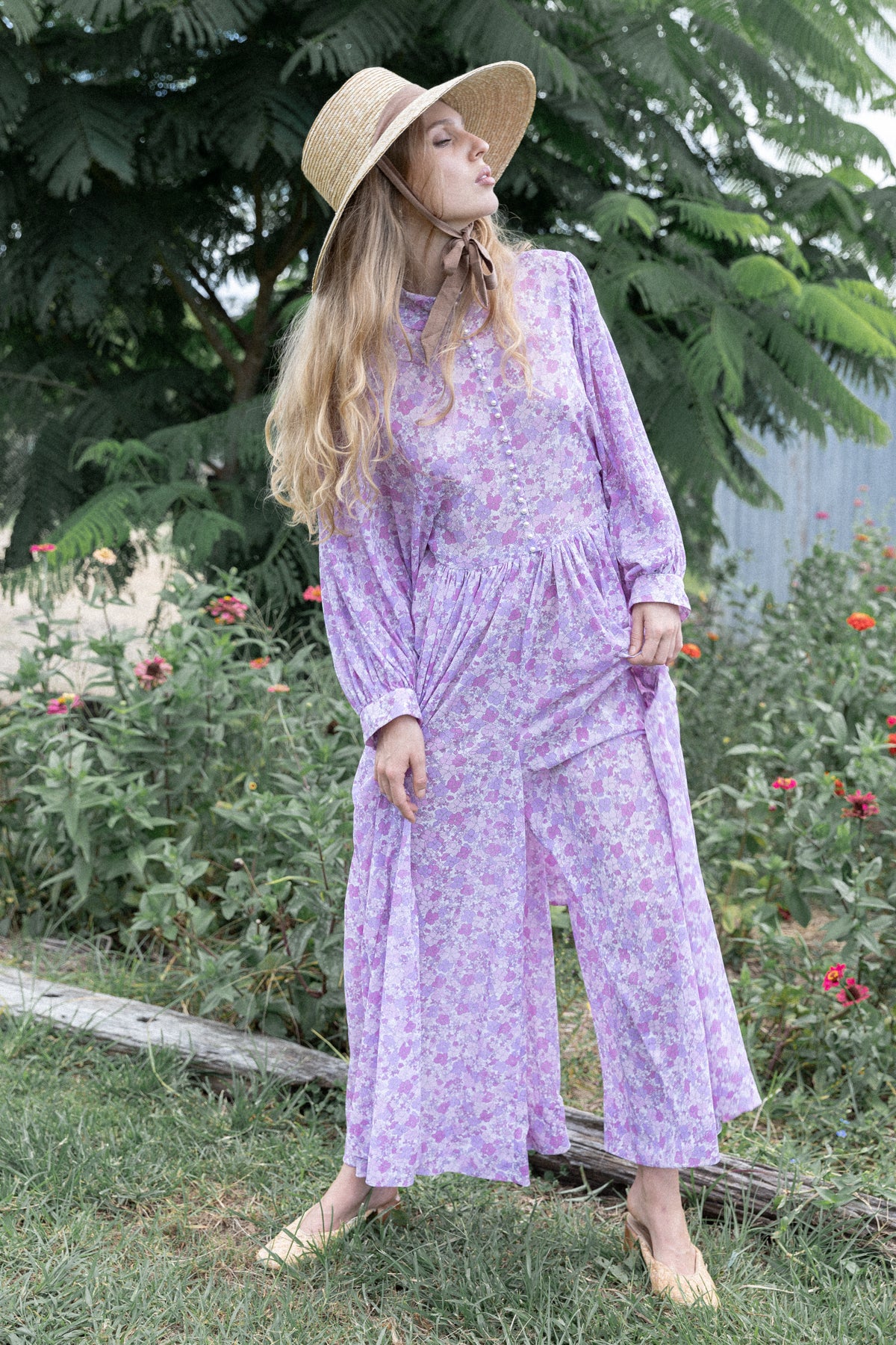 VINTAGE 1970's Purple Floral Palazzo Pant Jumpsuit S/M
