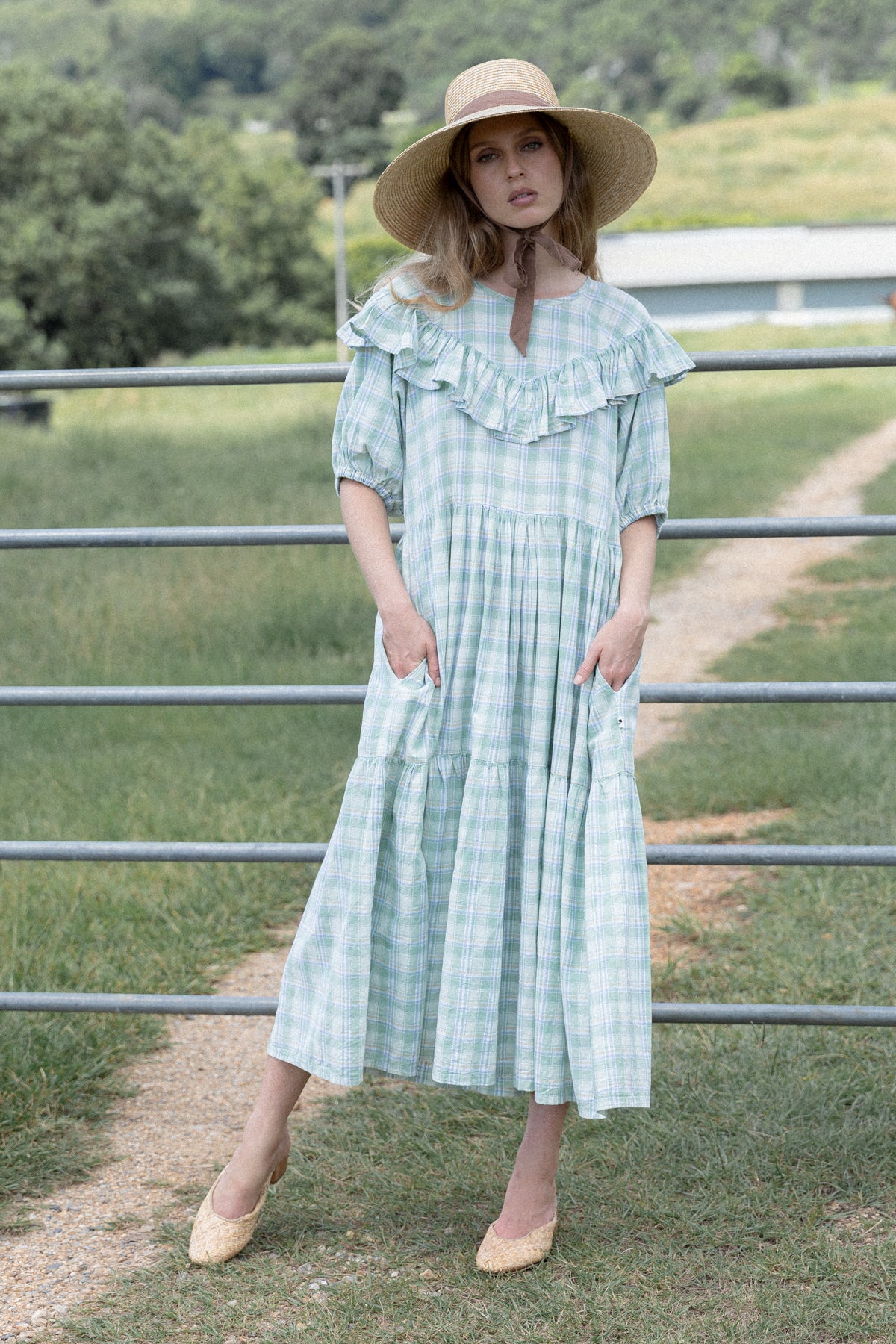VINTAGE Cotton Green Gingham Pouf Sleeve Prairie Dress M/L