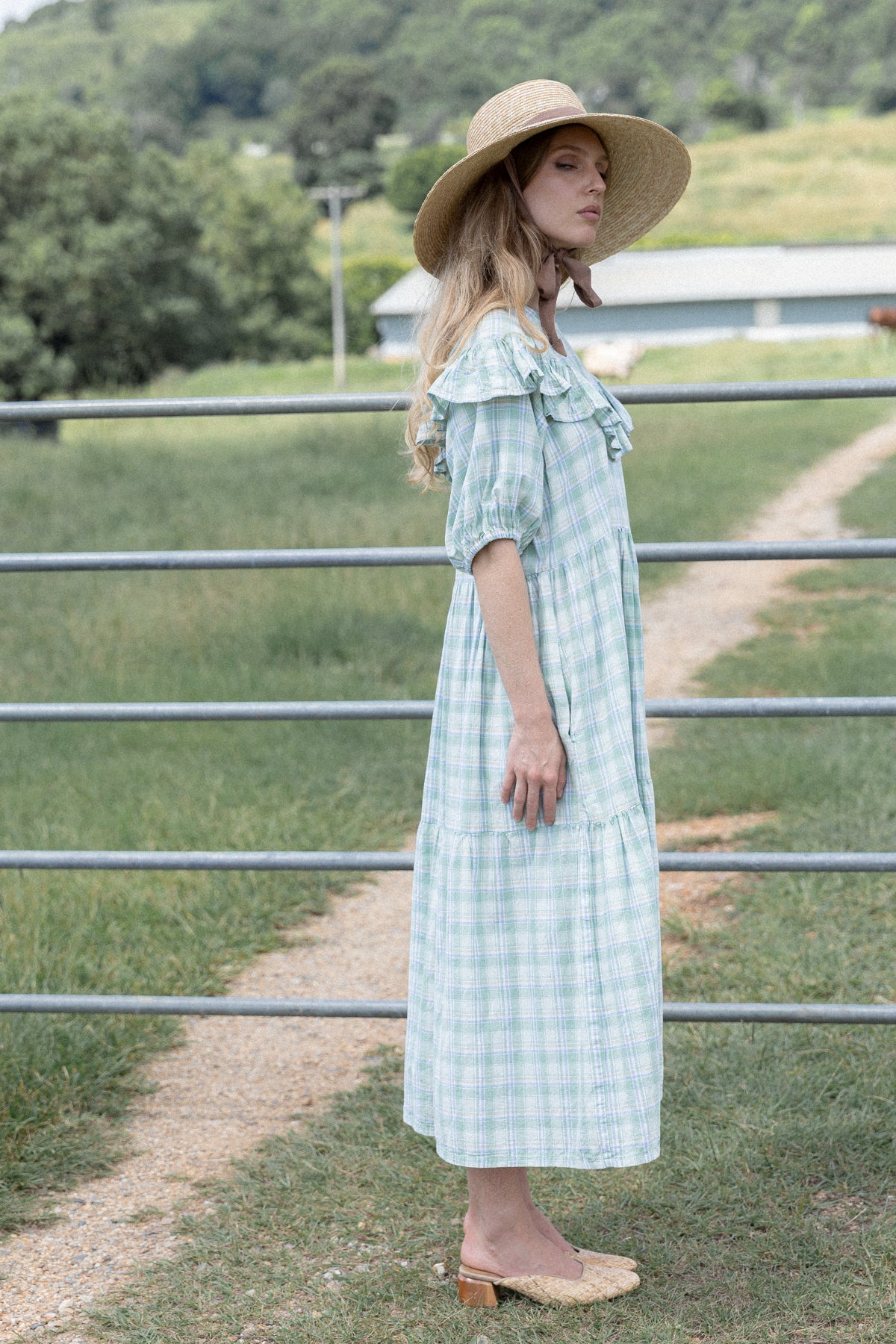 VINTAGE Cotton Green Gingham Pouf Sleeve Prairie Dress M/L