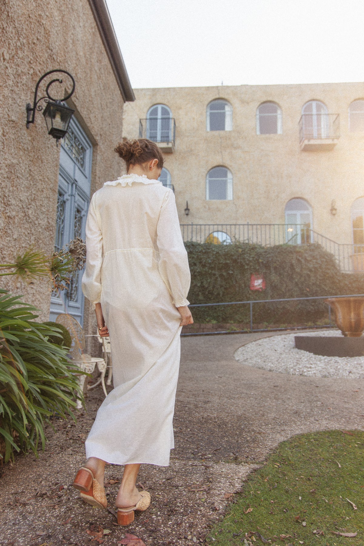 VINTAGE 1960's Pale Yellow Cotton Flower Embroidered Maxi Dress S/M