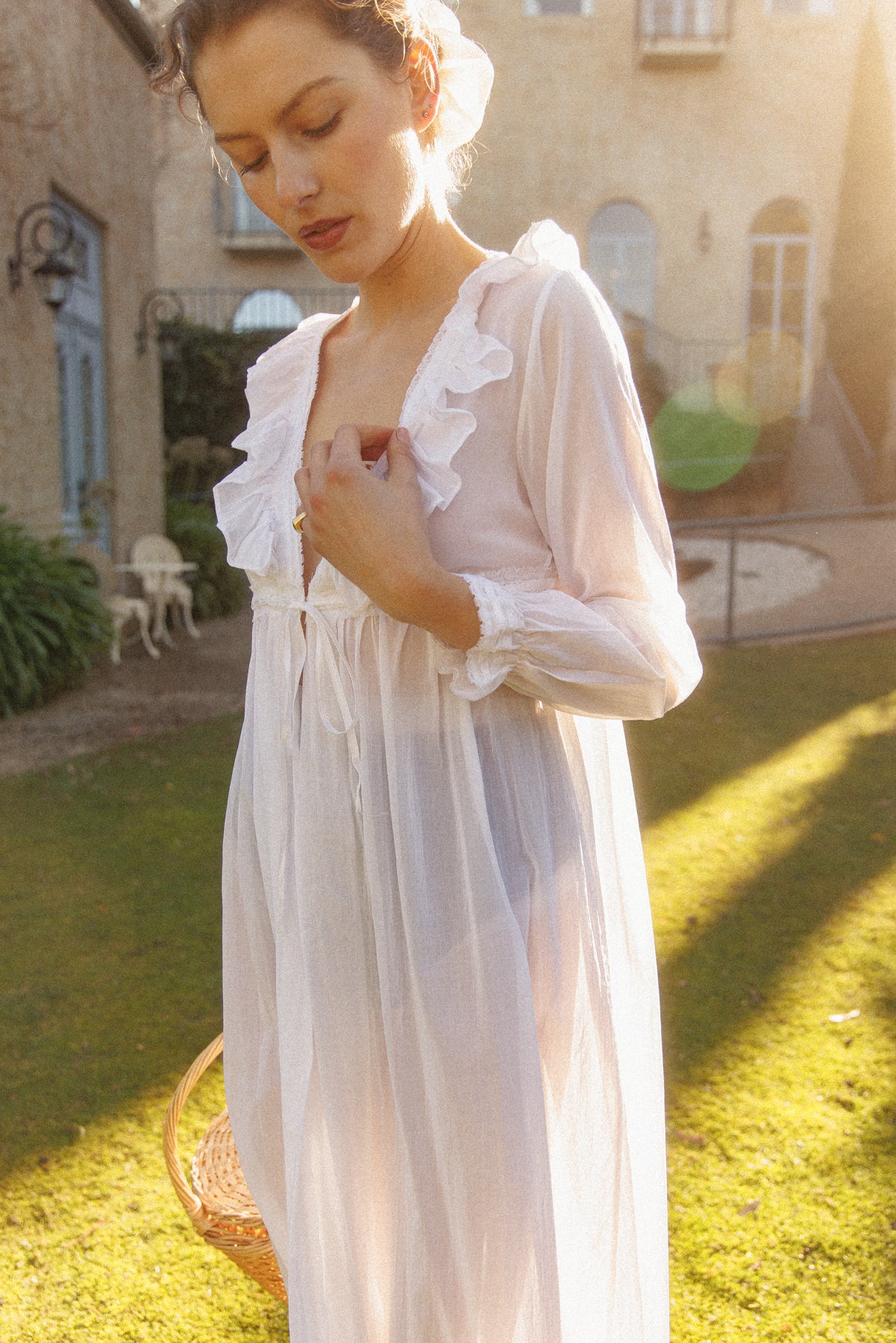 VINTAGE Cotton Voile Ruffled Peignoir Robe/ Dress S/M