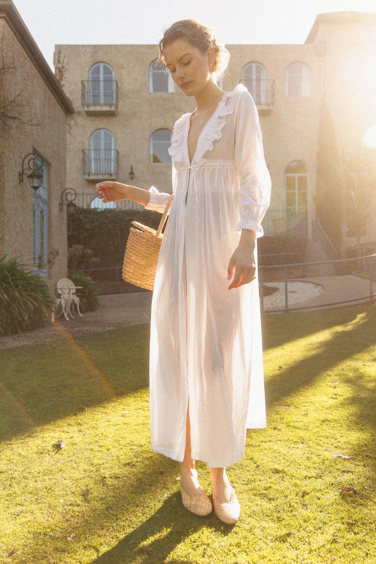 VINTAGE Cotton Voile Ruffled Peignoir Robe/ Dress S/M