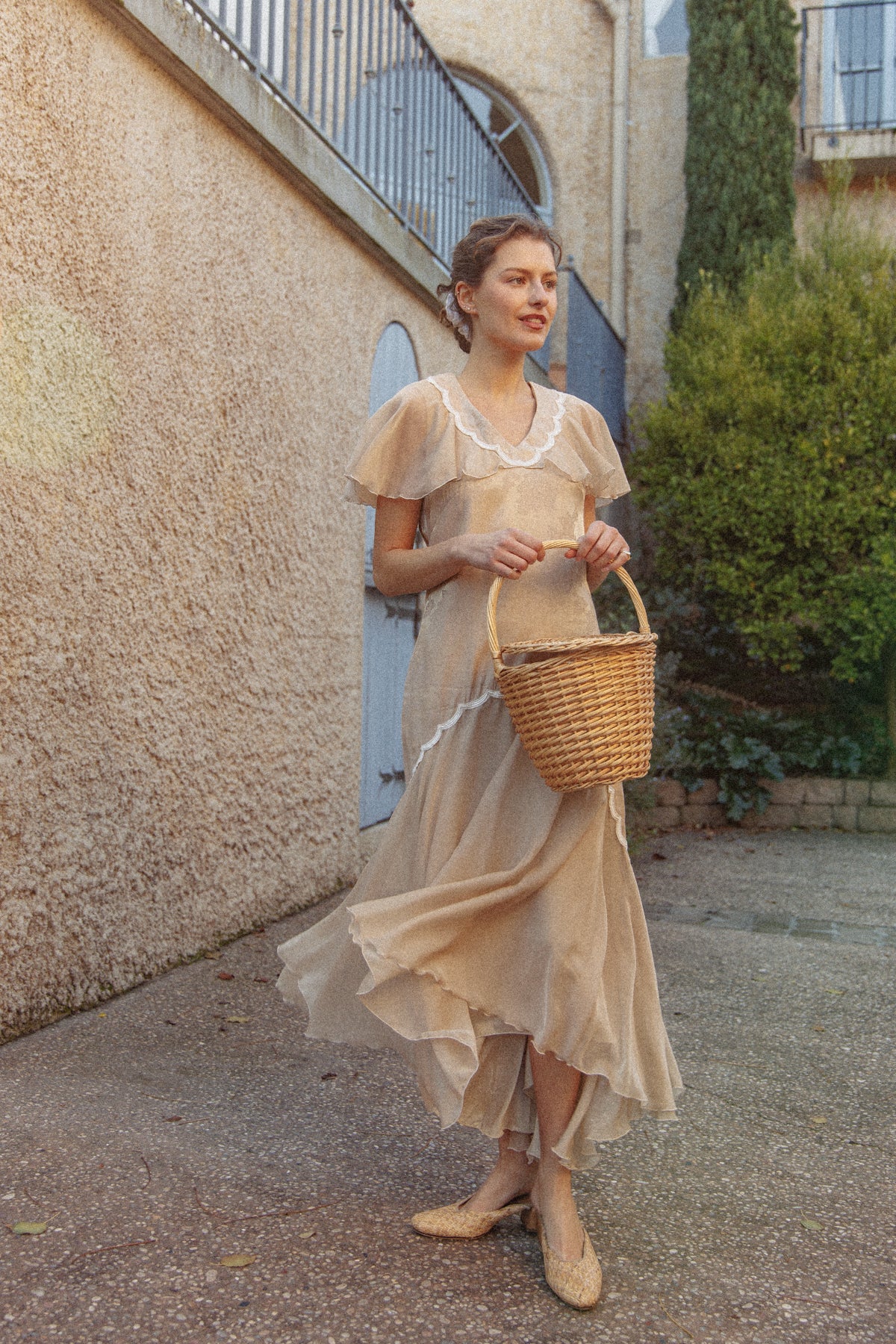 VINTAGE Flowy Chiffon Beige Drop Waist Dress S