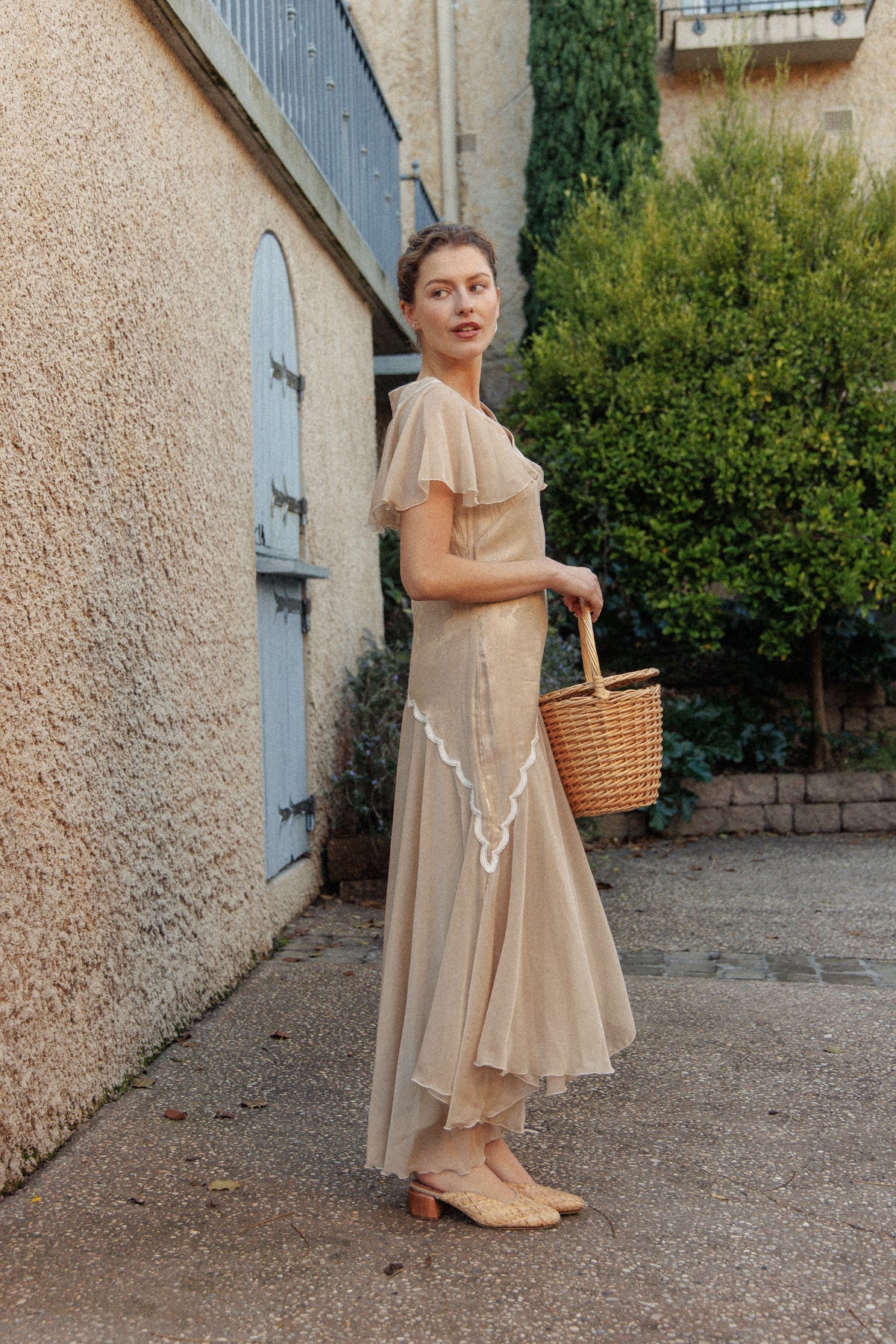 VINTAGE Flowy Chiffon Beige Drop Waist Dress S