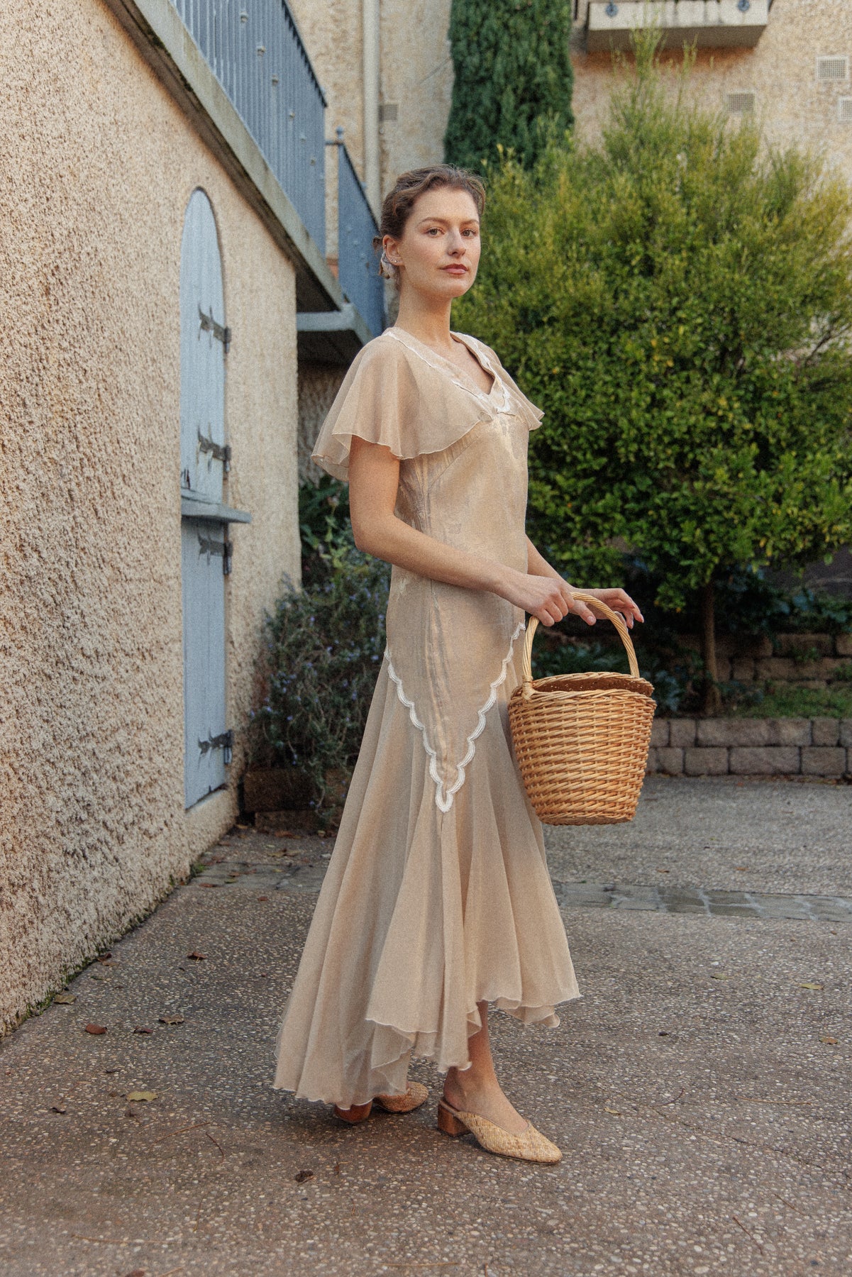 VINTAGE Flowy Chiffon Beige Drop Waist Dress S