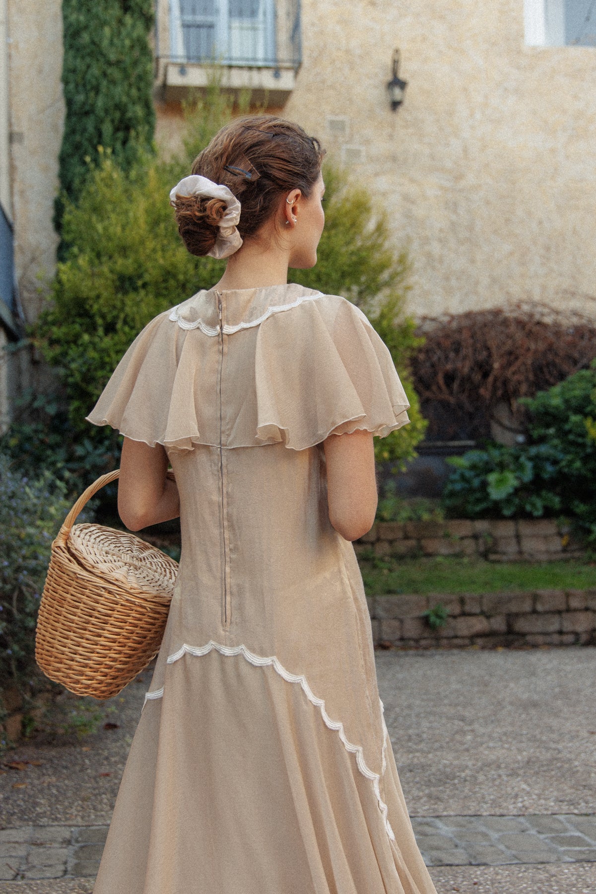 VINTAGE Flowy Chiffon Beige Drop Waist Dress S