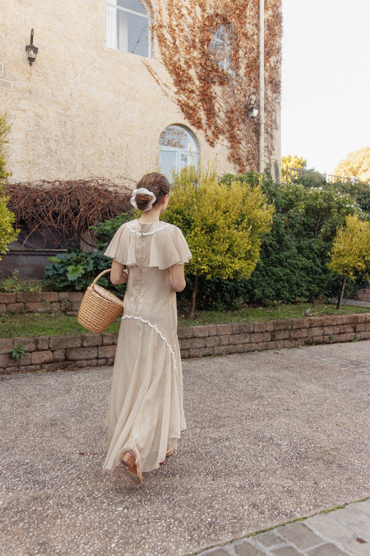 VINTAGE Flowy Chiffon Beige Drop Waist Dress S