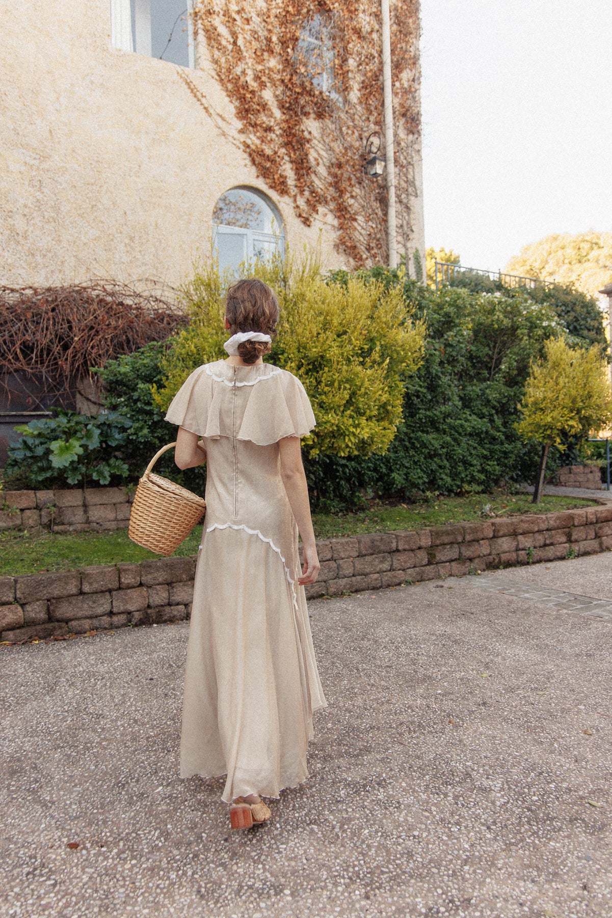 VINTAGE Flowy Chiffon Beige Drop Waist Dress S