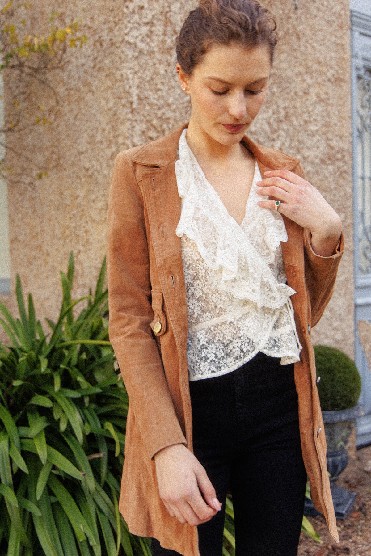 PRELOVED Tan Suede Leather Midi Coat XS