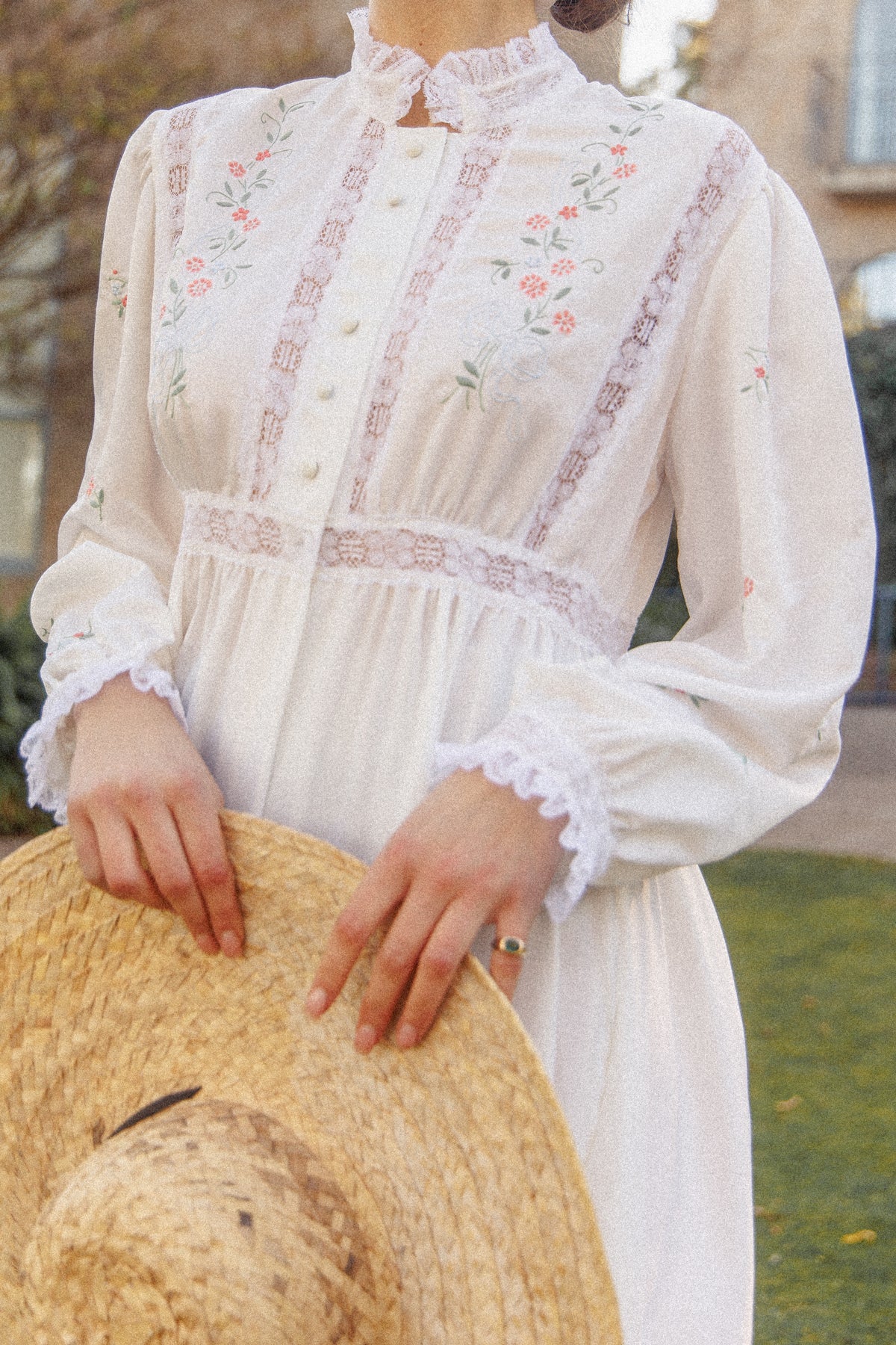 VINTAGE 1940's White Button Down Satin Nightgown Maxi Dress/Robe With Flower Embroidery S/M