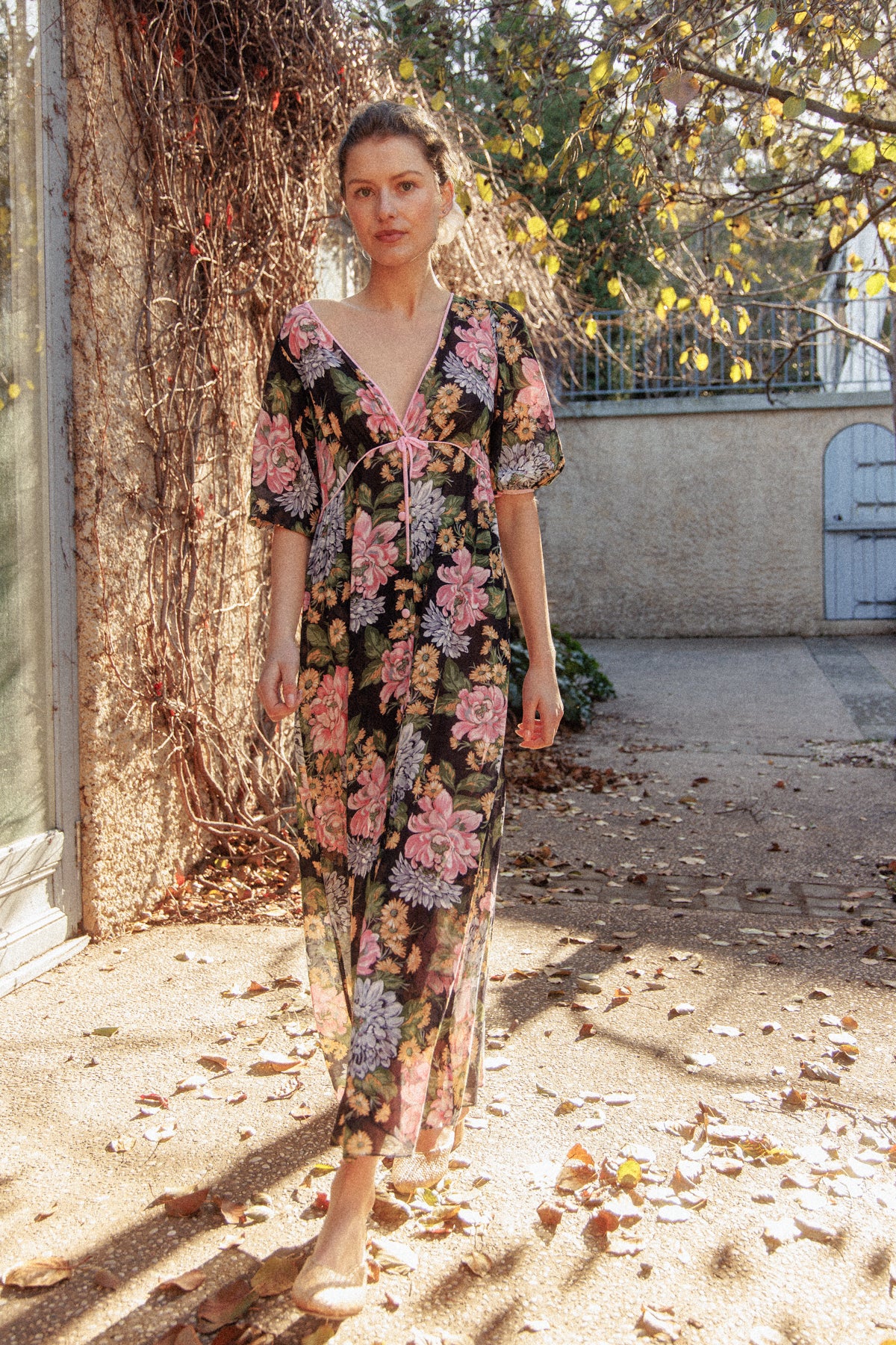 VINTAGE Cotton Voile Floral Button Down Peignoir Nightgown Robe/Dress S/M