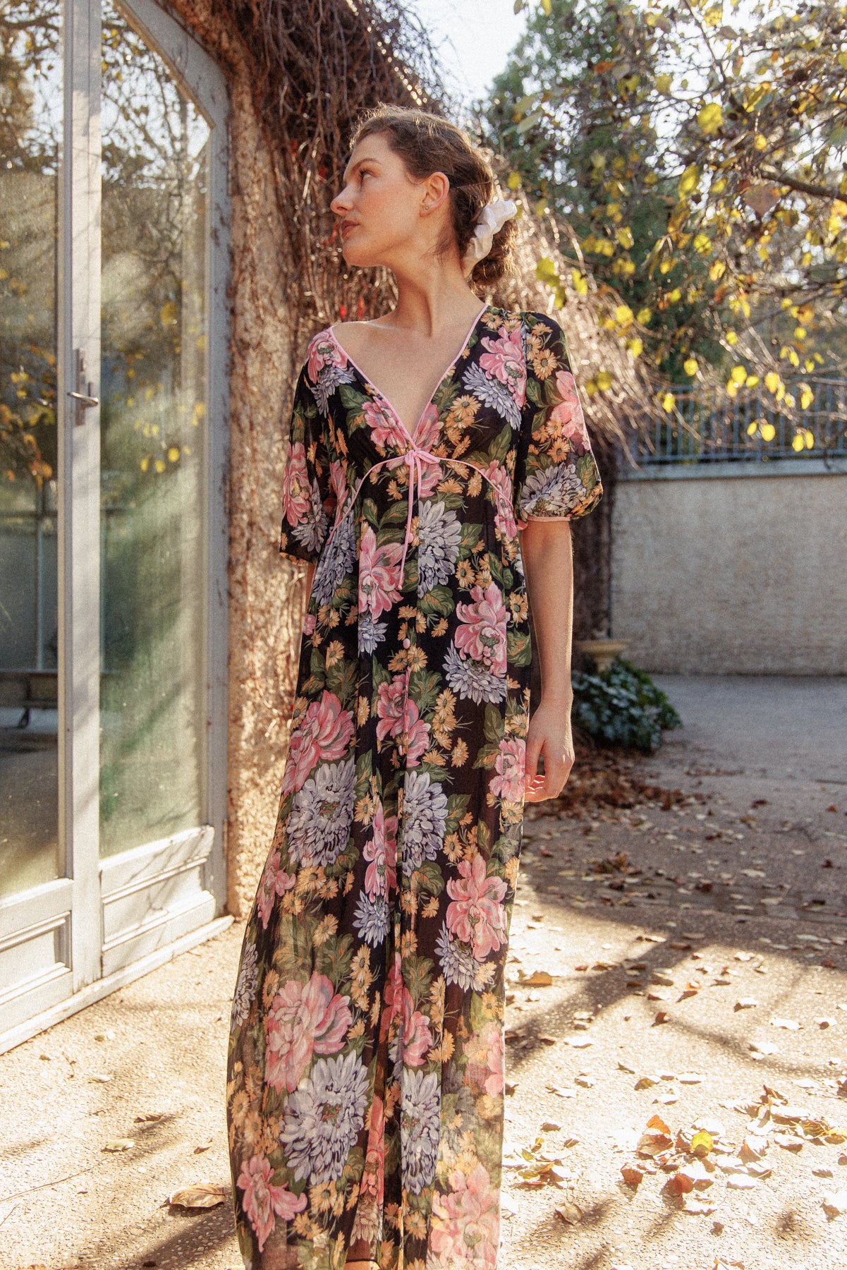 VINTAGE Cotton Voile Floral Button Down Peignoir Nightgown Robe/Dress S/M