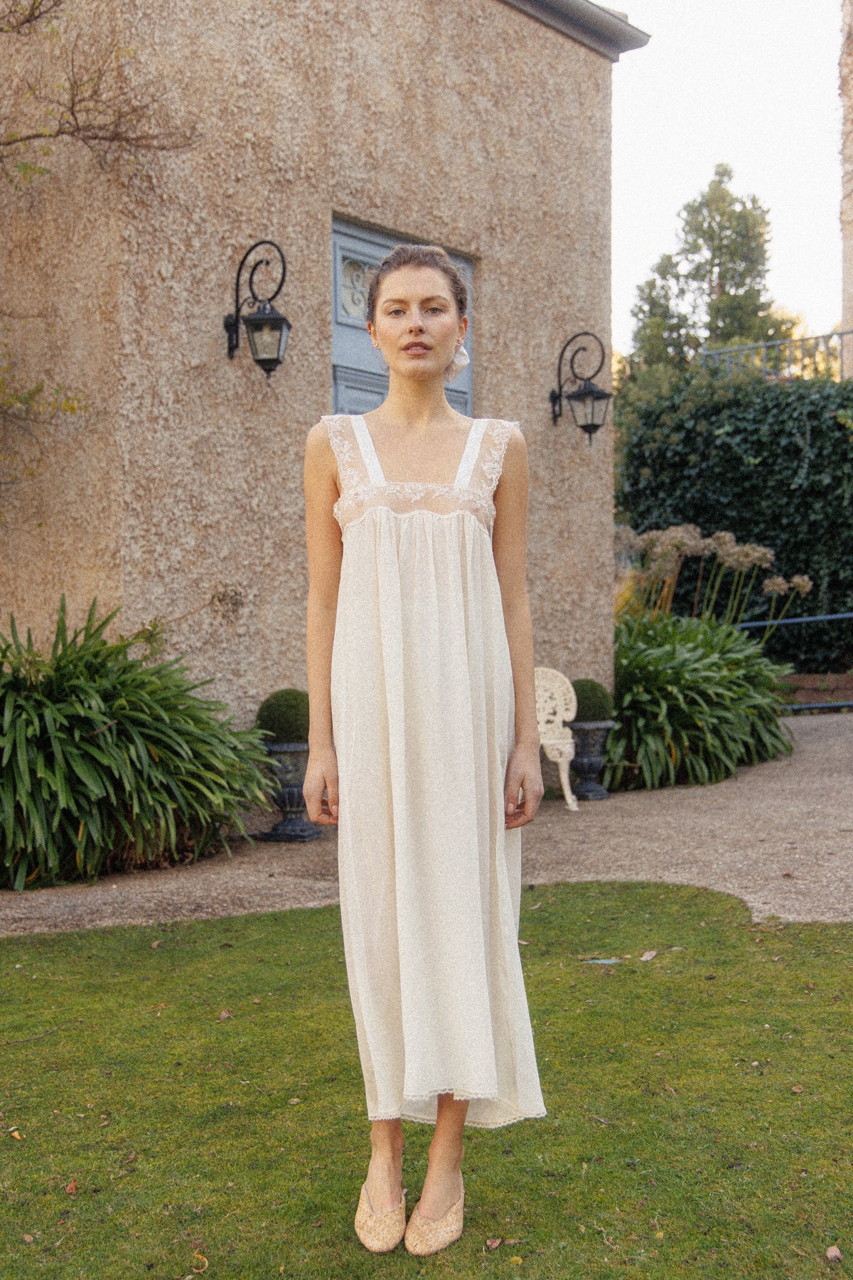 VINTAGE Ivory Silk Nightgown Dress With Bow Detail S/M