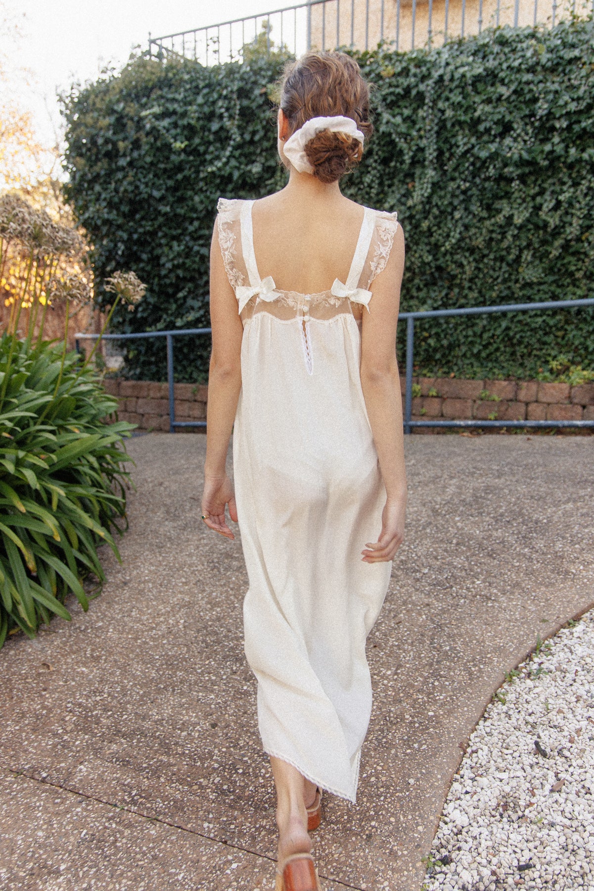VINTAGE Ivory Silk Nightgown Dress With Bow Detail S/M