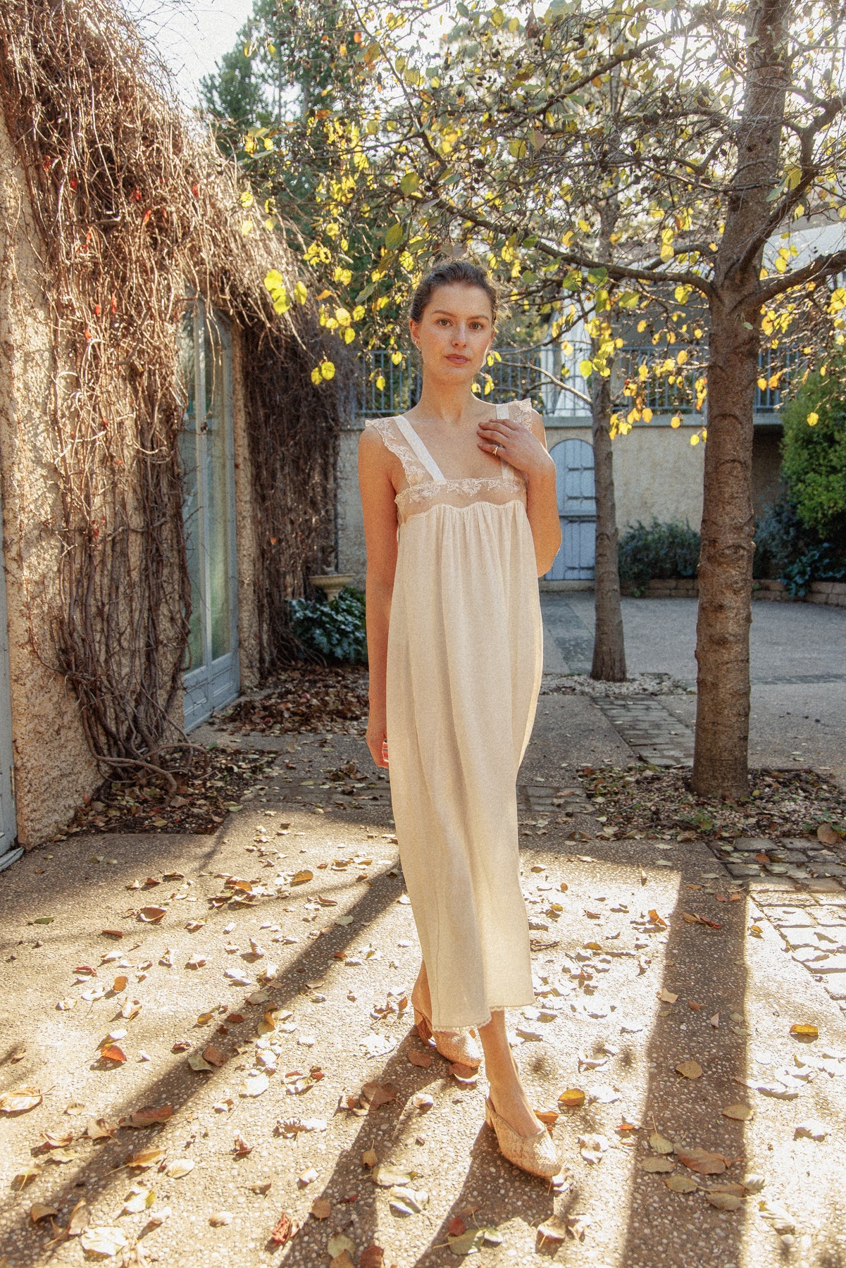 VINTAGE Ivory Silk Nightgown Dress With Bow Detail S/M