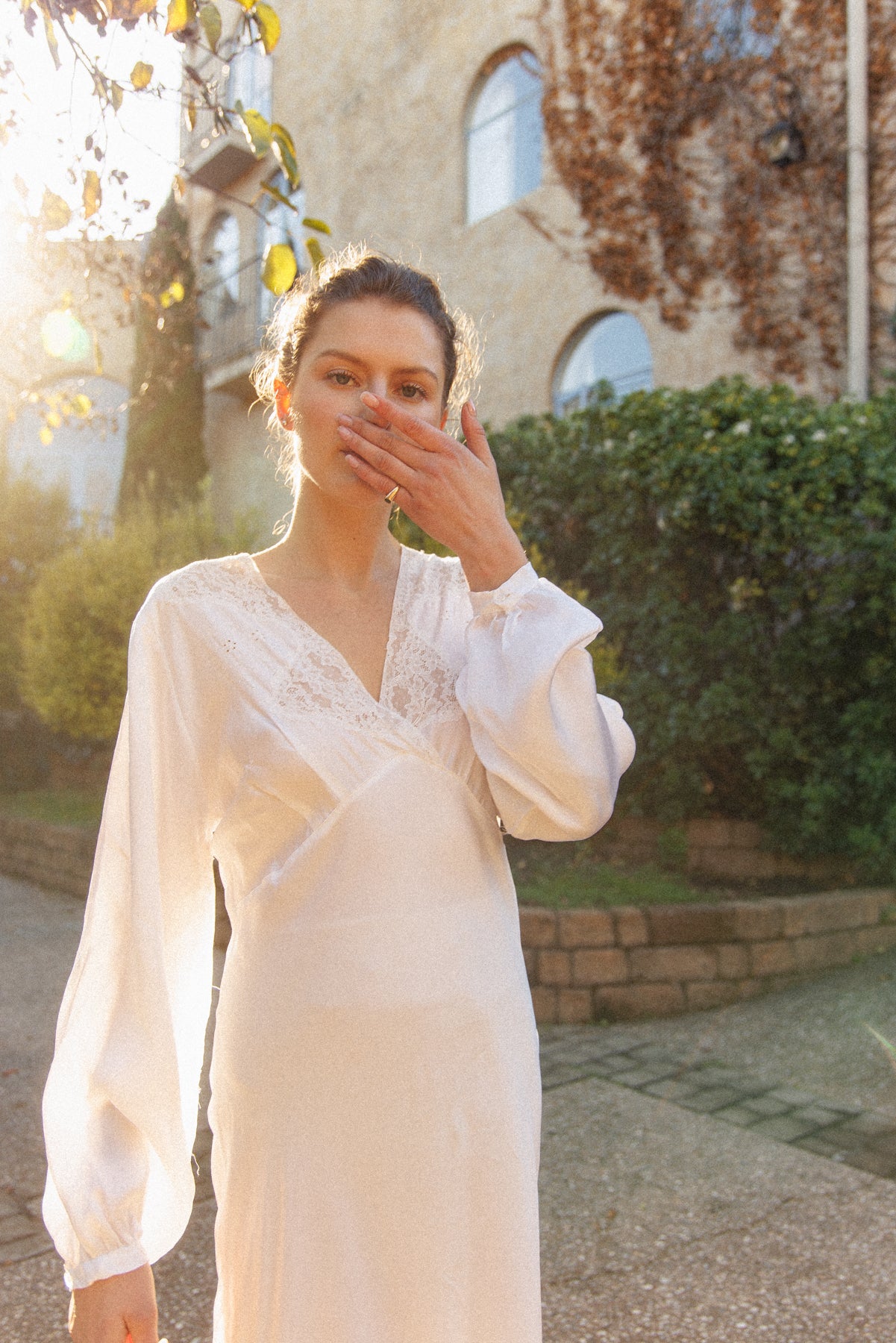 VINTAGE 1940's Ivory Long Sleeve Bias Cut Nightgown S/M