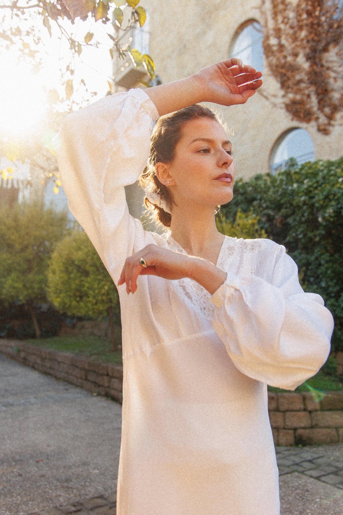 VINTAGE 1940's Ivory Long Sleeve Bias Cut Nightgown S/M