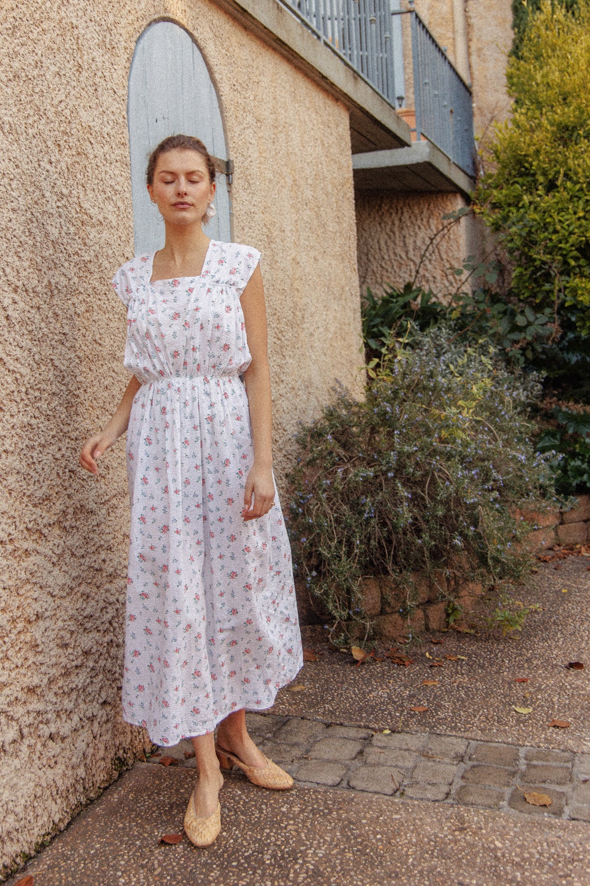 VINTAGE 1930's Floral Seersucker Cotton Nightgown Maxi Dress L/XL