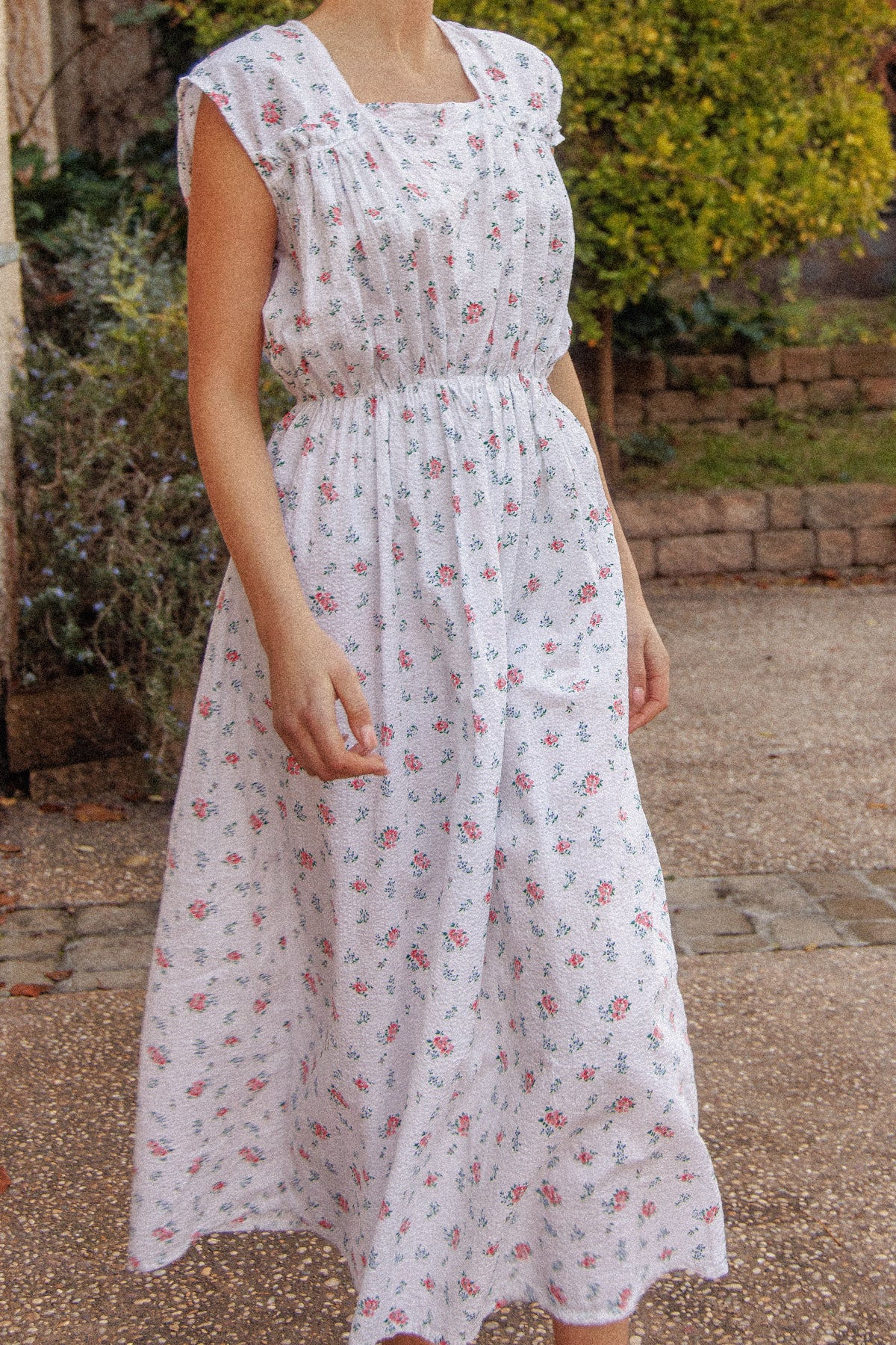 VINTAGE 1930's Floral Seersucker Cotton Nightgown Maxi Dress L/XL