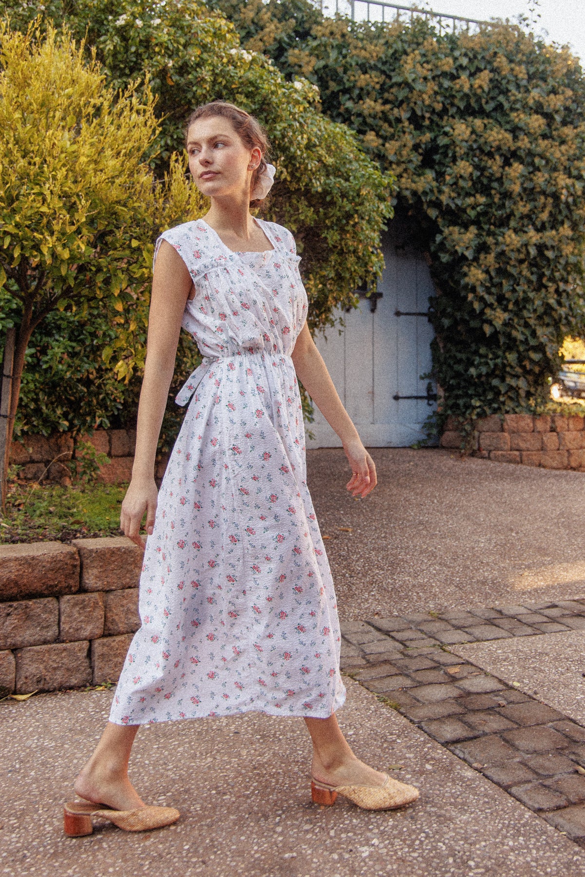VINTAGE 1930's Floral Seersucker Cotton Nightgown Maxi Dress L/XL