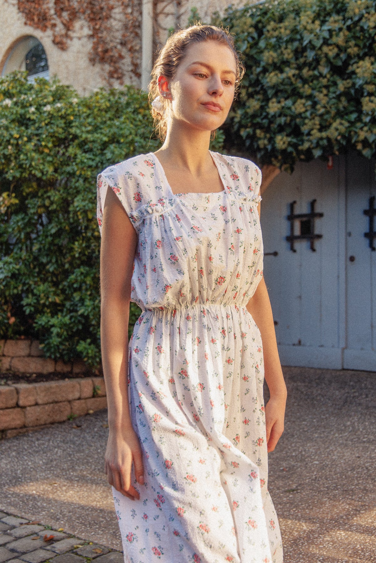 VINTAGE 1930's Floral Seersucker Cotton Nightgown Maxi Dress L/XL