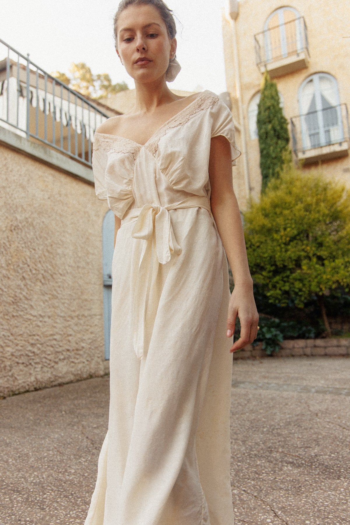 VINTAGE 1930's Ivory Silk Brocade Nightgown Dress M/L