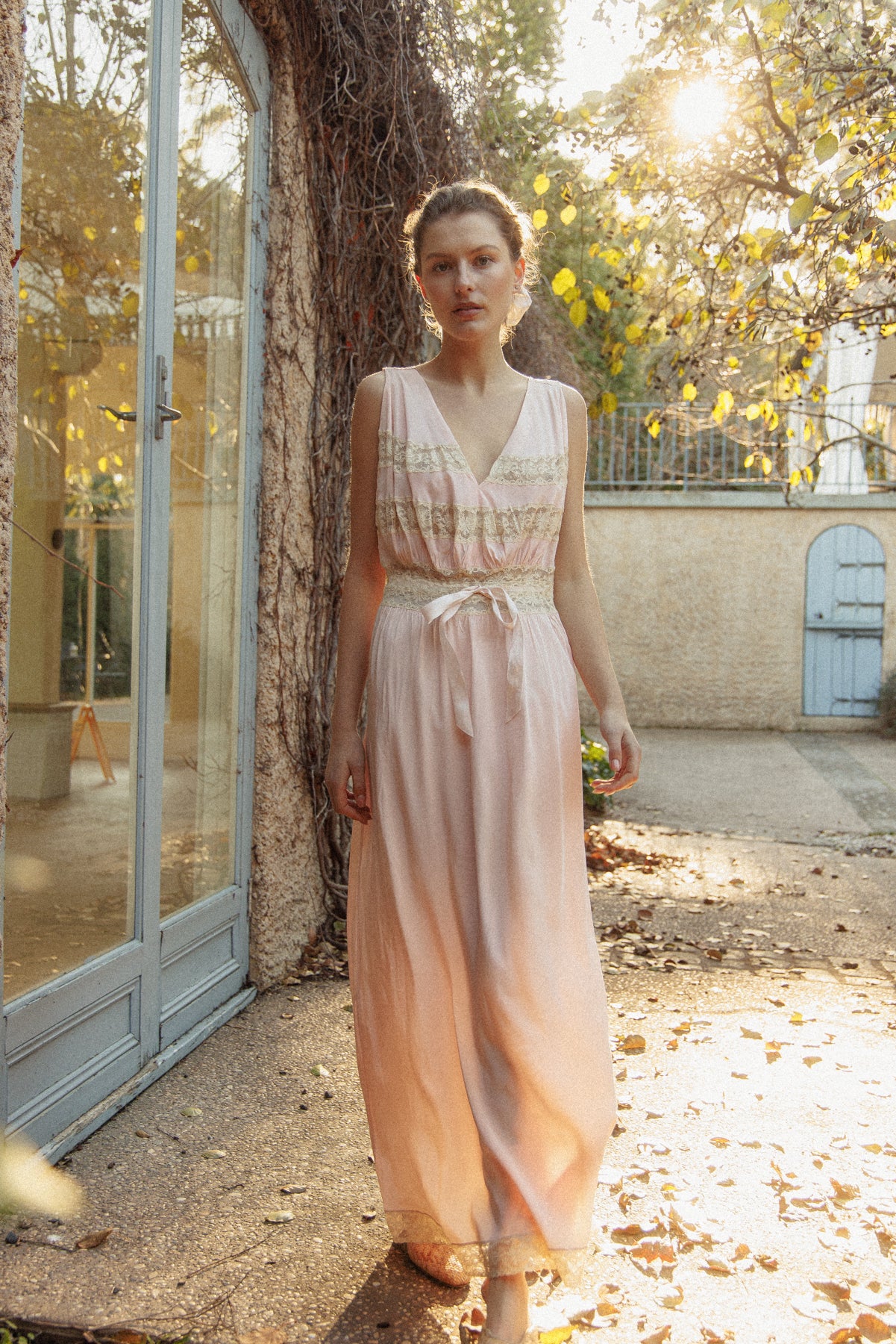 VINTAGE 1930's Pink With Bow Detail And Lace Panel Nightgown Maxi Dress M/L