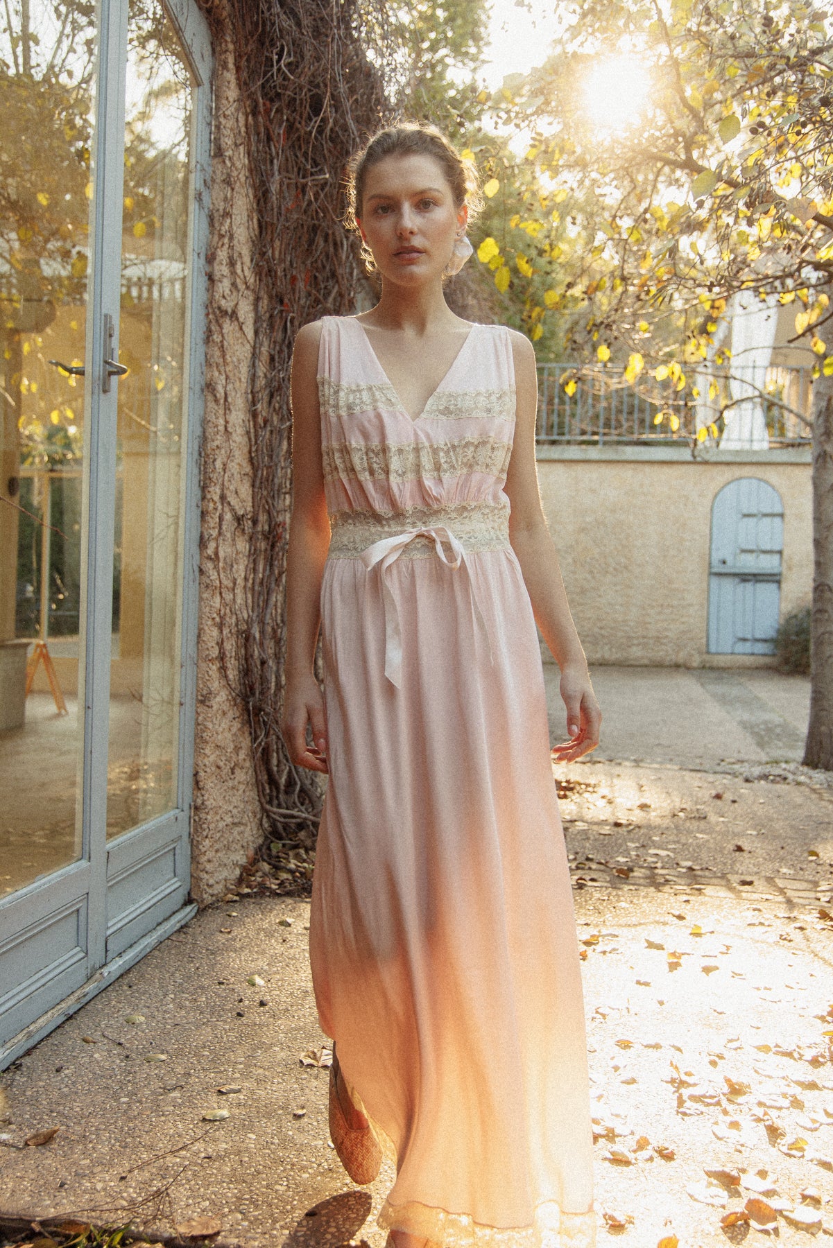 VINTAGE 1930's Pink With Bow Detail And Lace Panel Nightgown Maxi Dress M/L
