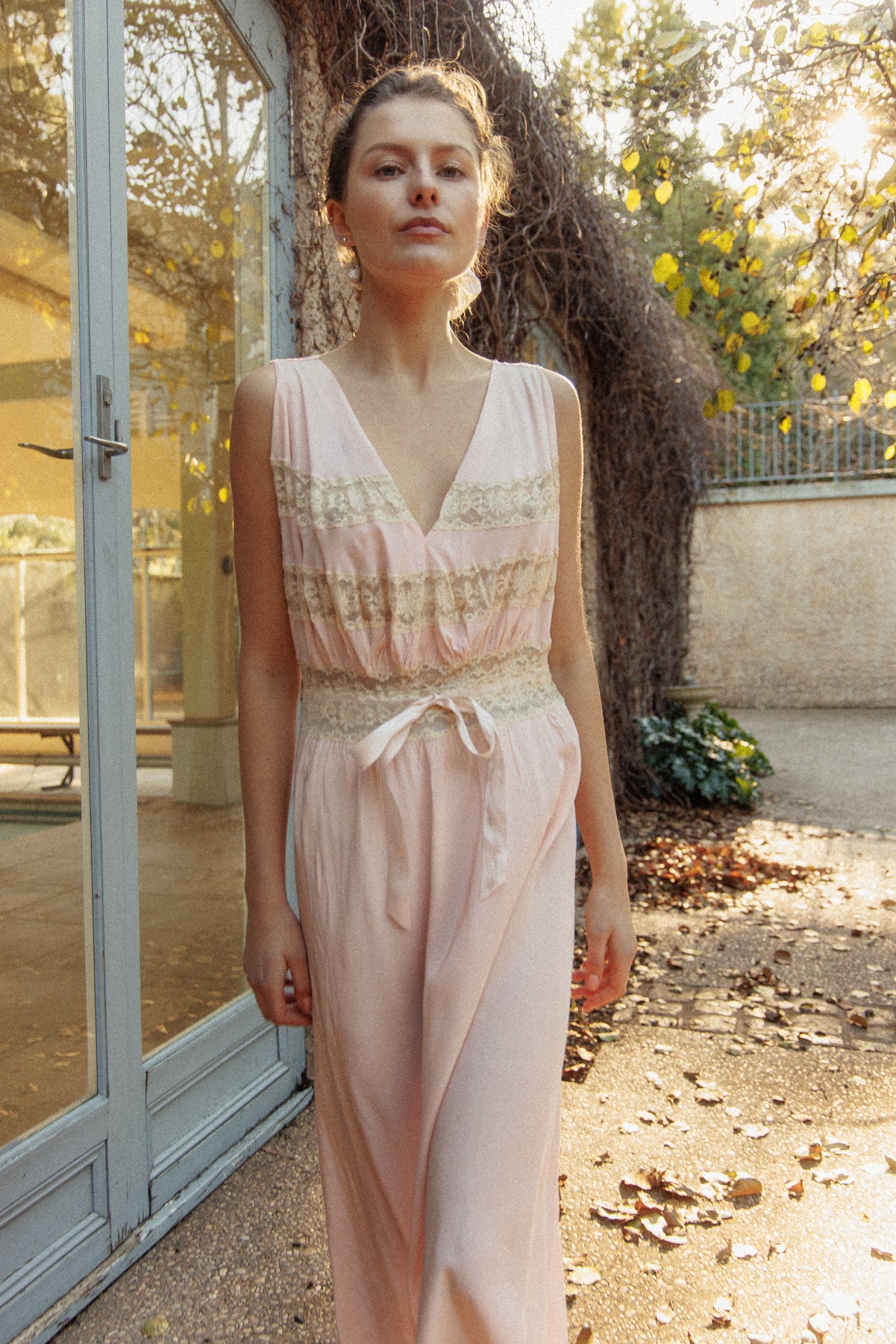 VINTAGE 1930's Pink With Bow Detail And Lace Panel Nightgown Maxi Dress M/L
