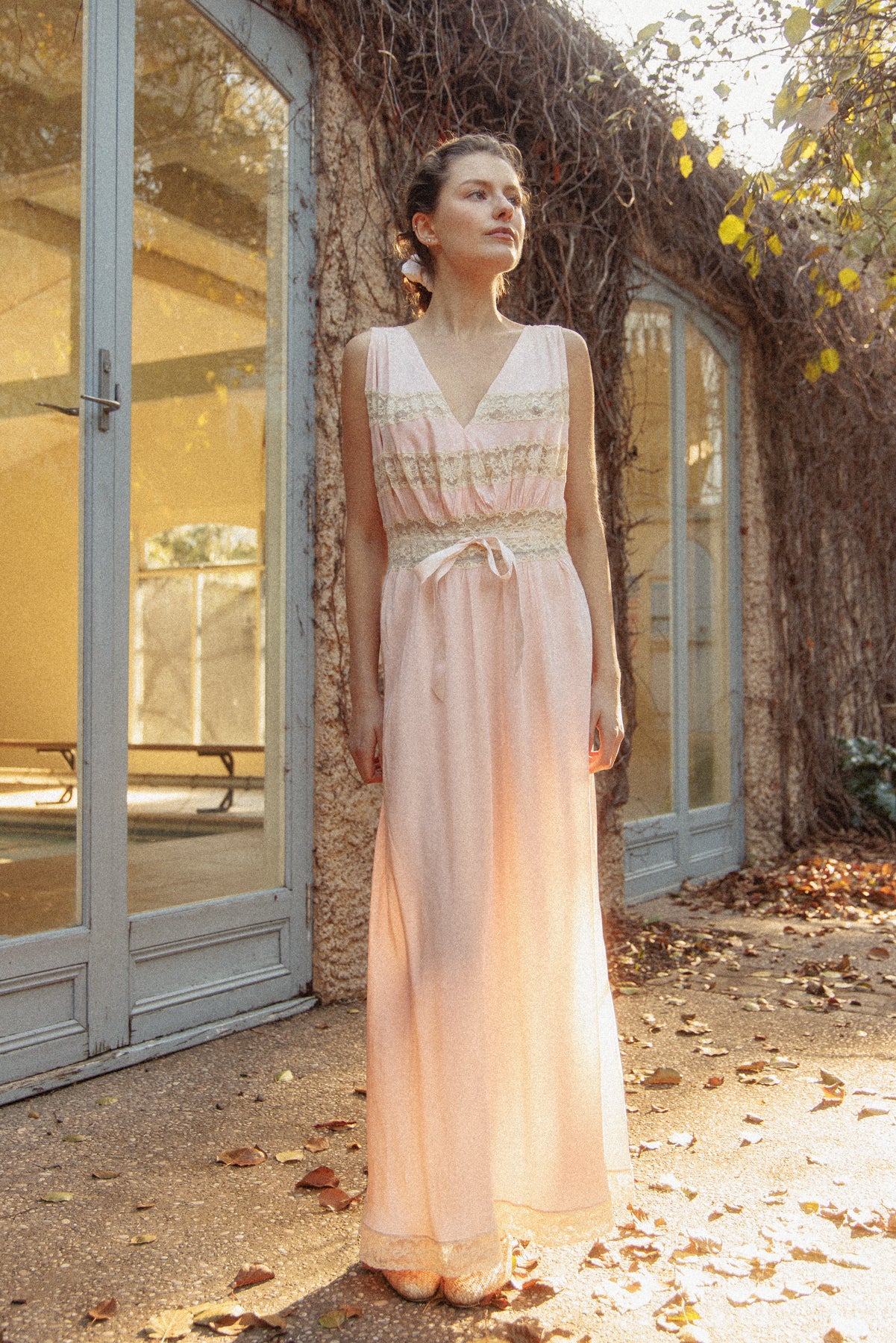 VINTAGE 1930's Pink With Bow Detail And Lace Panel Nightgown Maxi Dress M/L