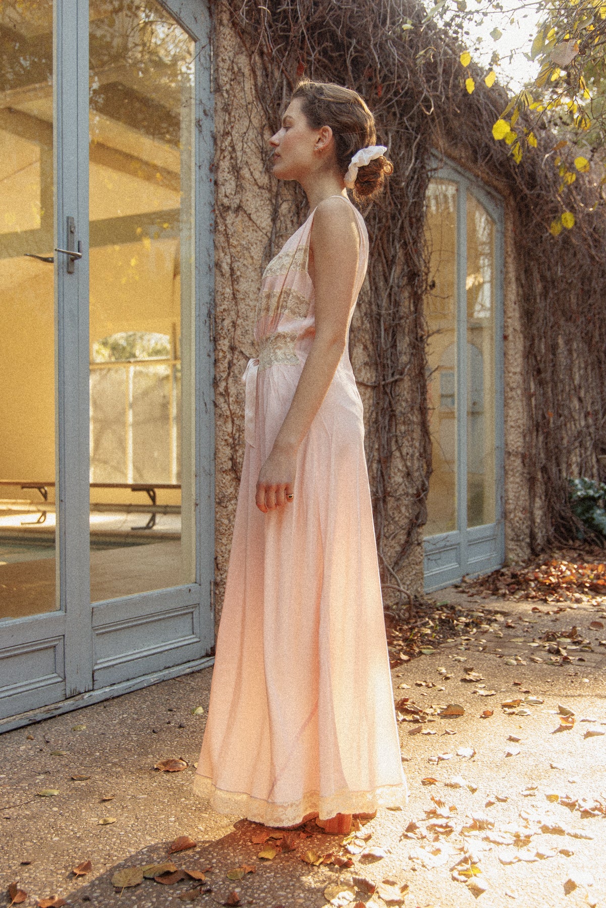 VINTAGE 1930's Pink With Bow Detail And Lace Panel Nightgown Maxi Dress M/L