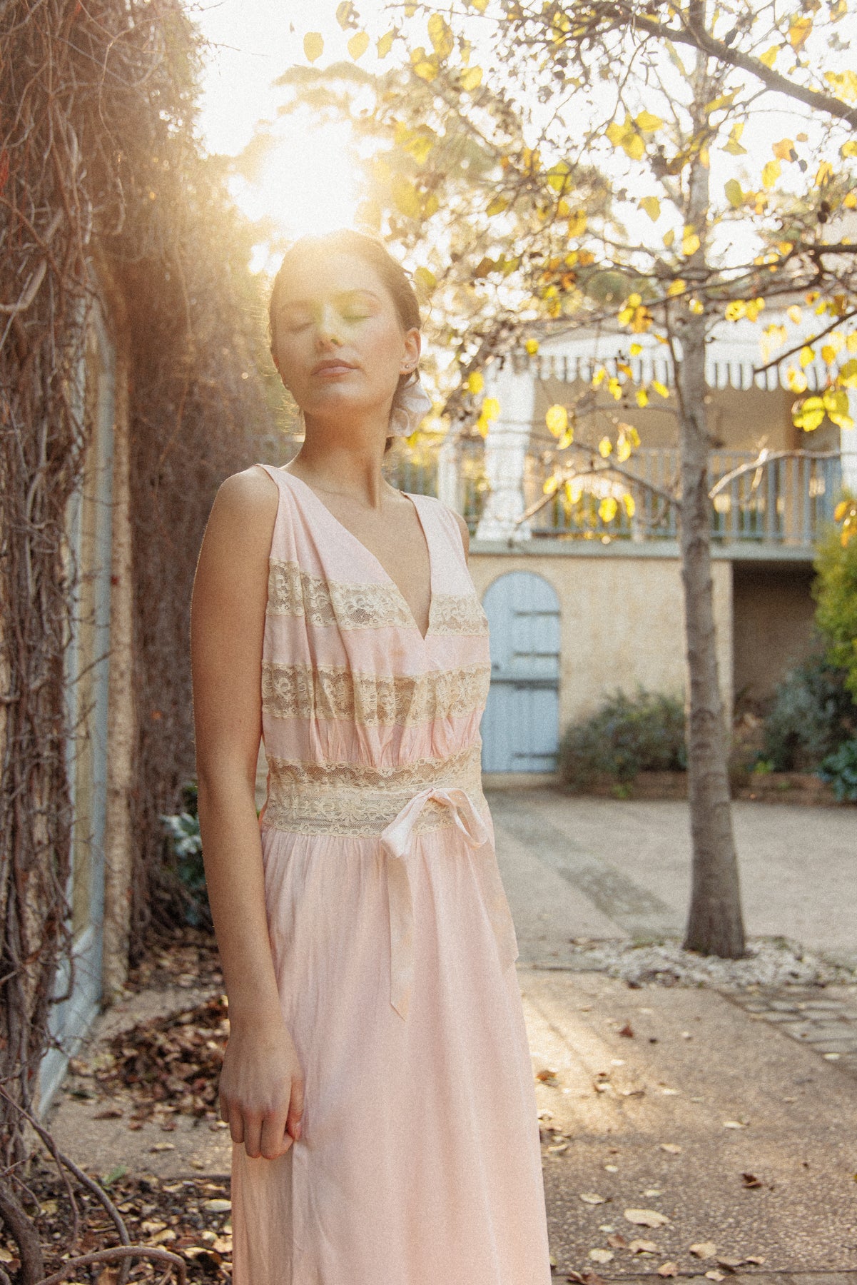 VINTAGE 1930's Pink With Bow Detail And Lace Panel Nightgown Maxi Dress M/L