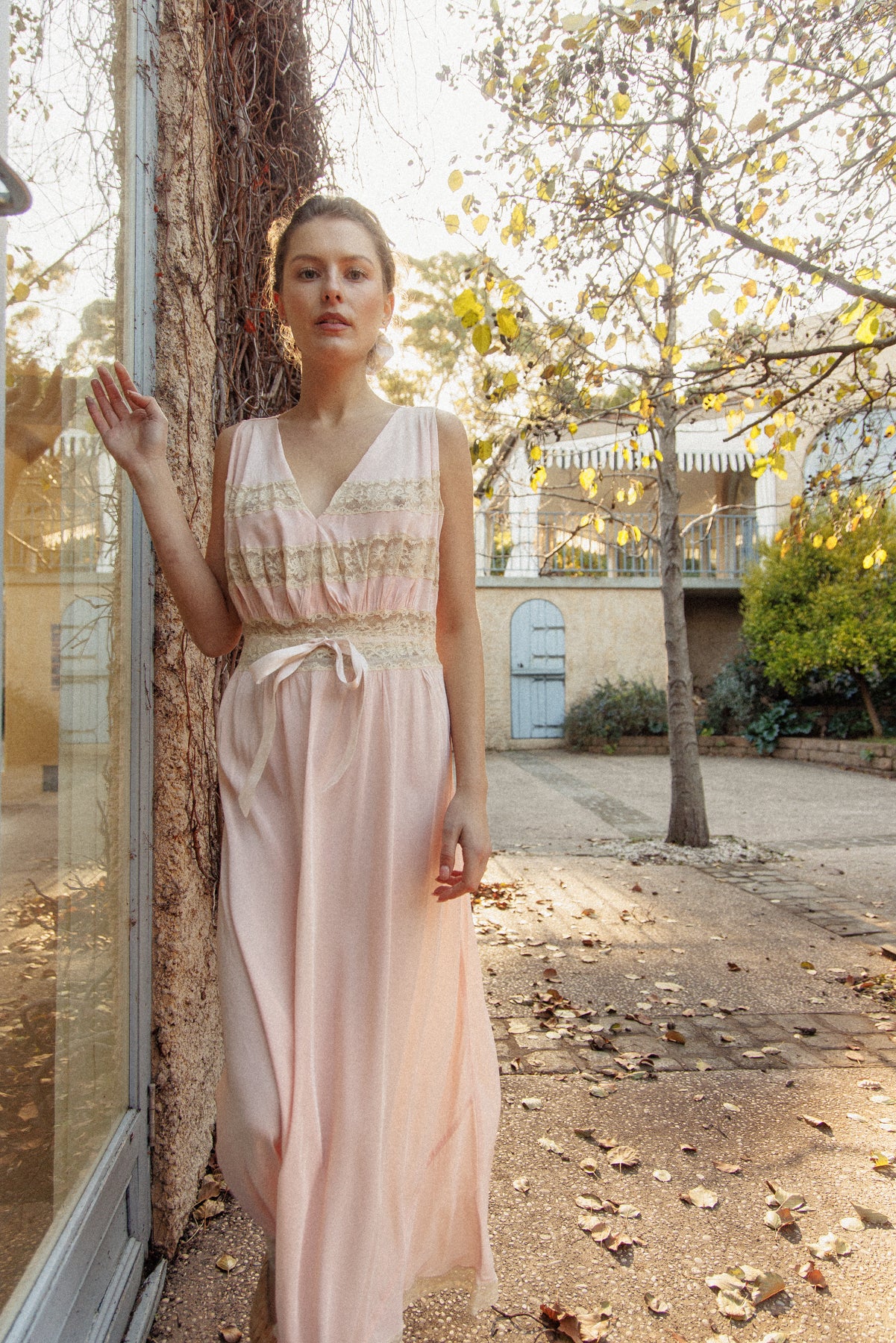 VINTAGE 1930's Pink With Bow Detail And Lace Panel Nightgown Maxi Dress M/L