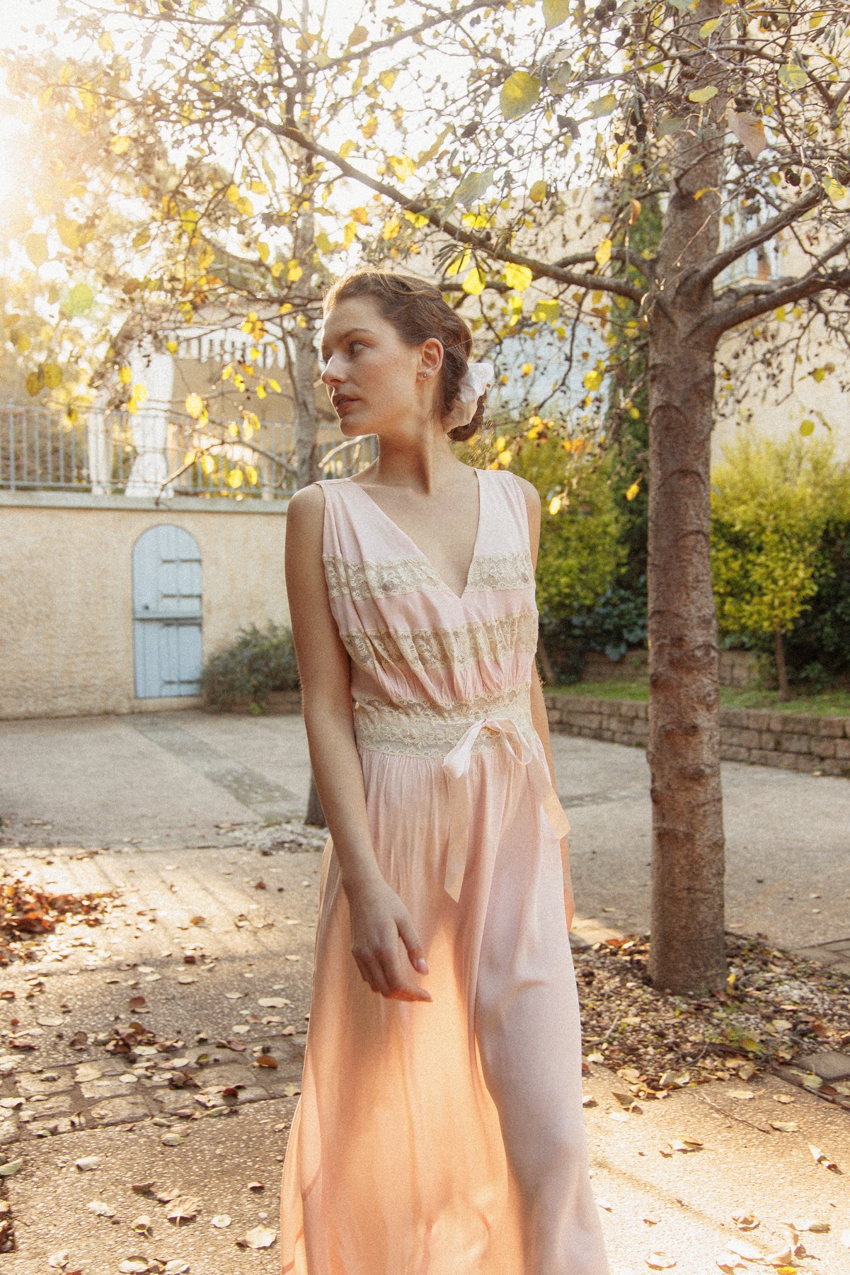 VINTAGE 1930's Pink With Bow Detail And Lace Panel Nightgown Maxi Dress M/L