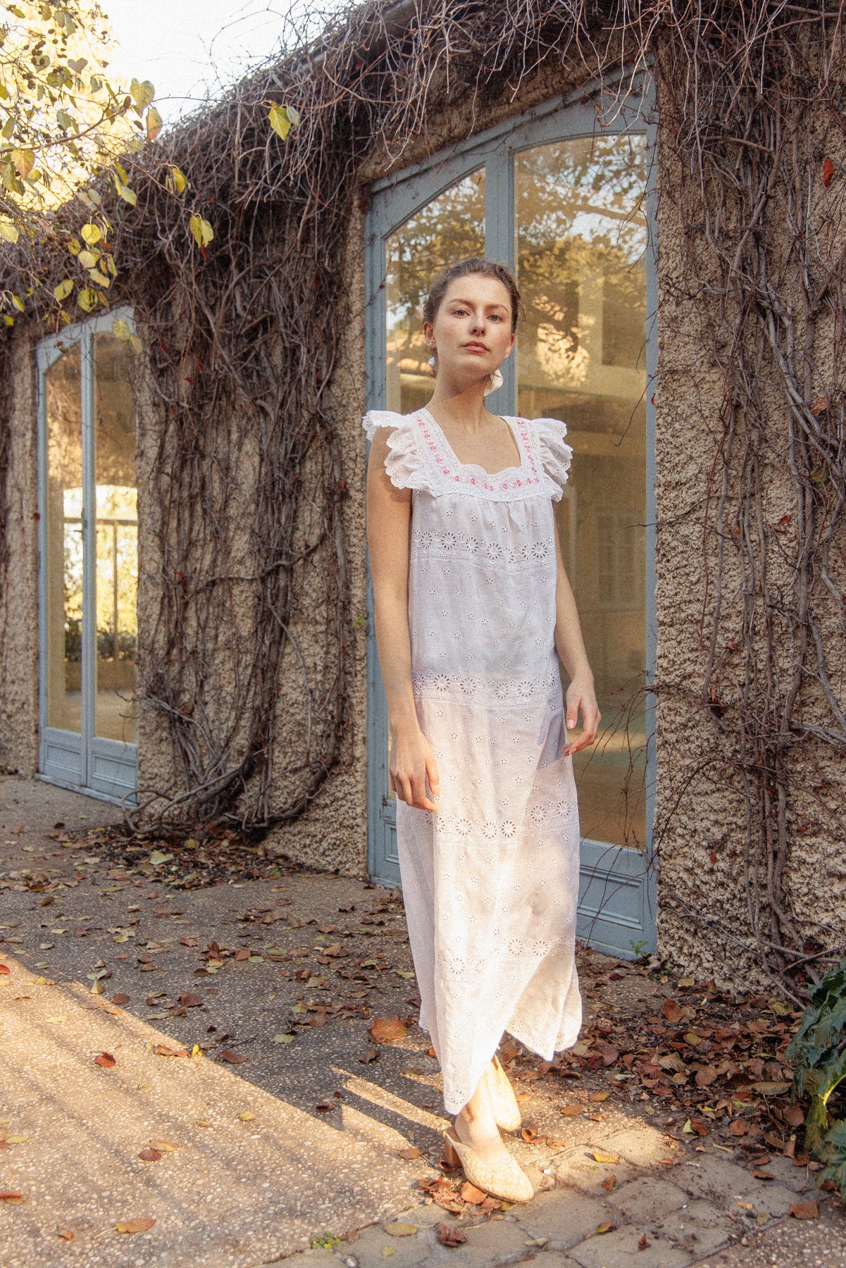 VINTAGE 1960's White Broderie Anglainse Maxi Dress With Floral Embroidery S/M
