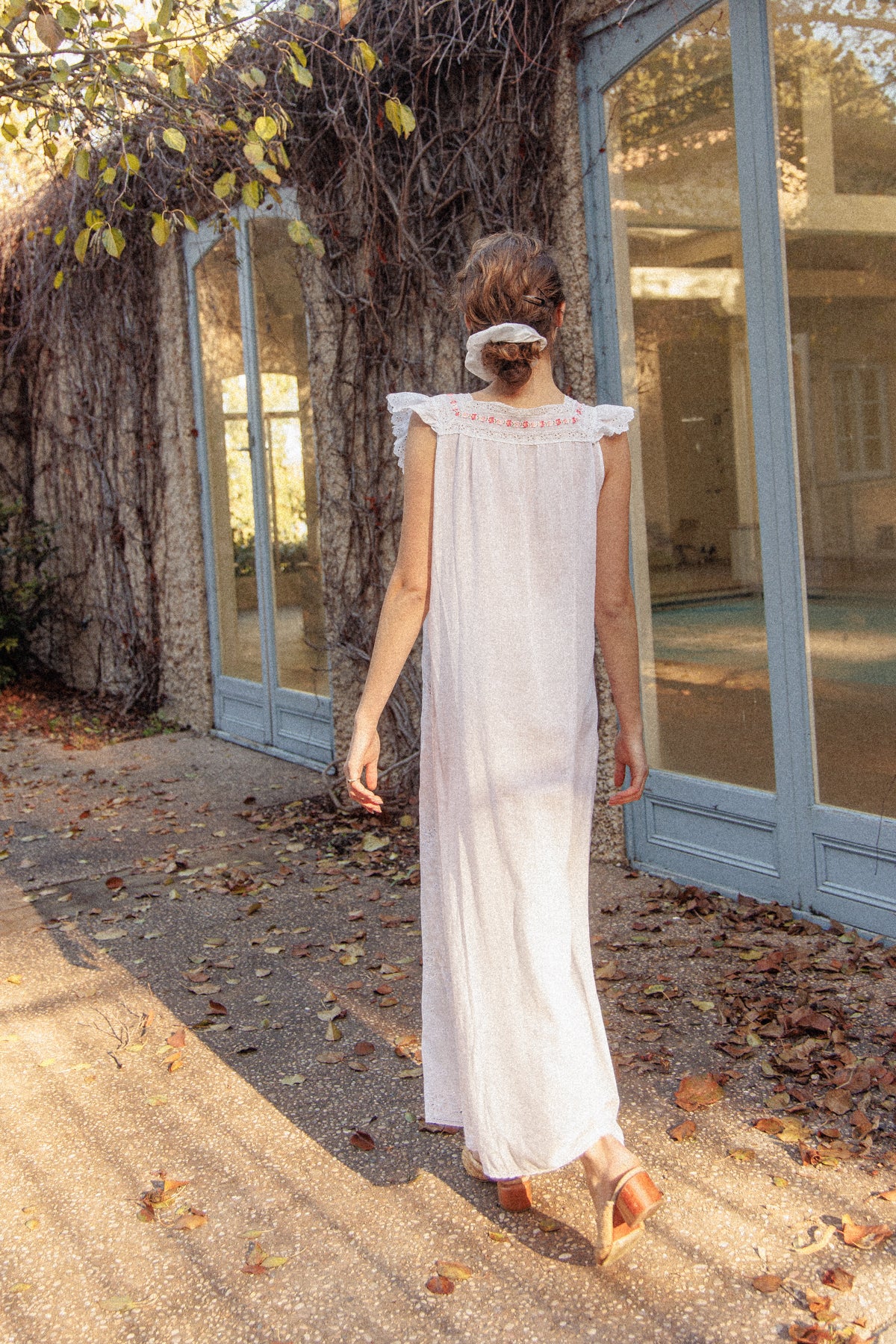 VINTAGE 1960's White Broderie Anglainse Maxi Dress With Floral Embroidery S/M